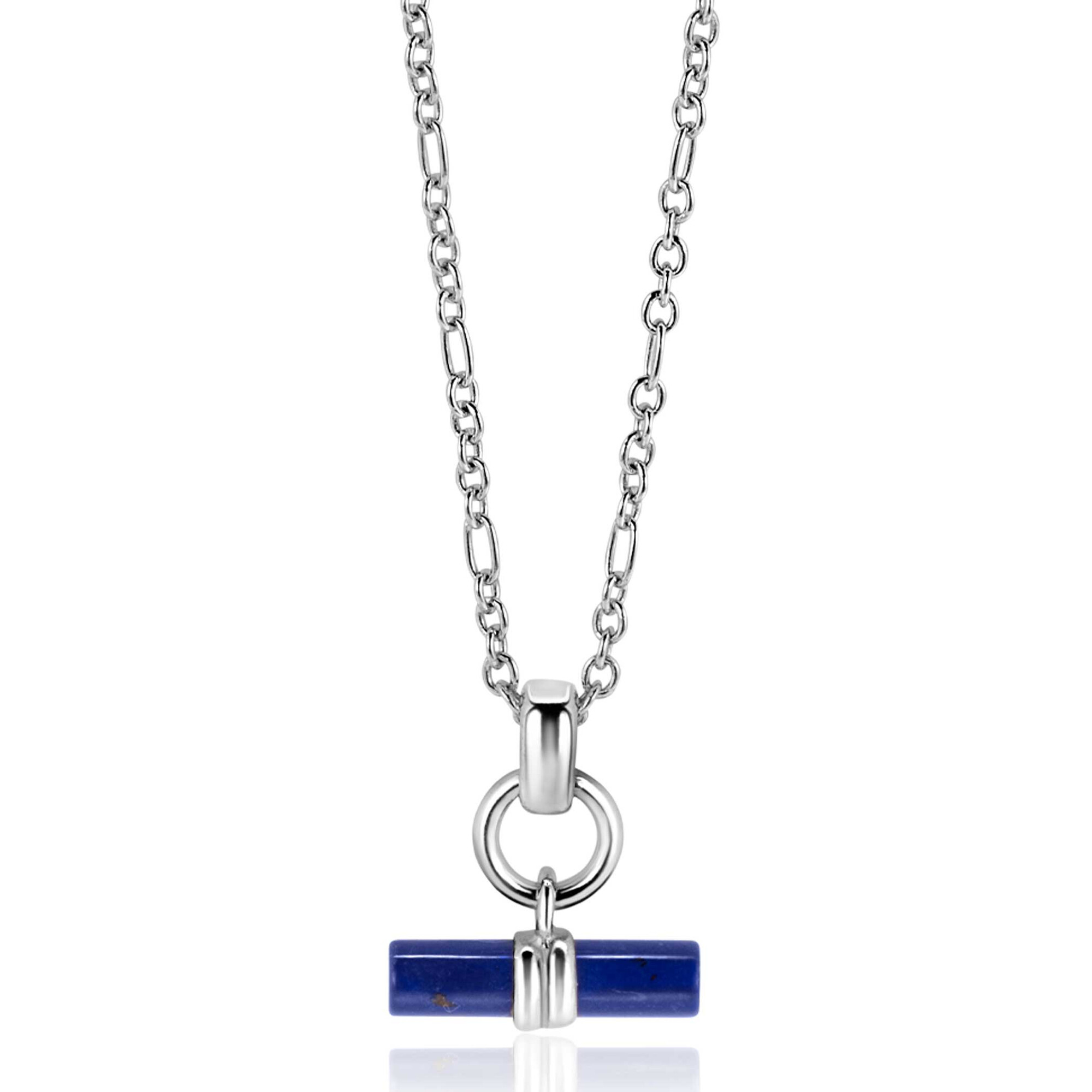ZINZI zilveren ketting 43-45cm met trendy kapittelstokje (T-bar) bezet met lapis lazuli als hanger ZIC2478
