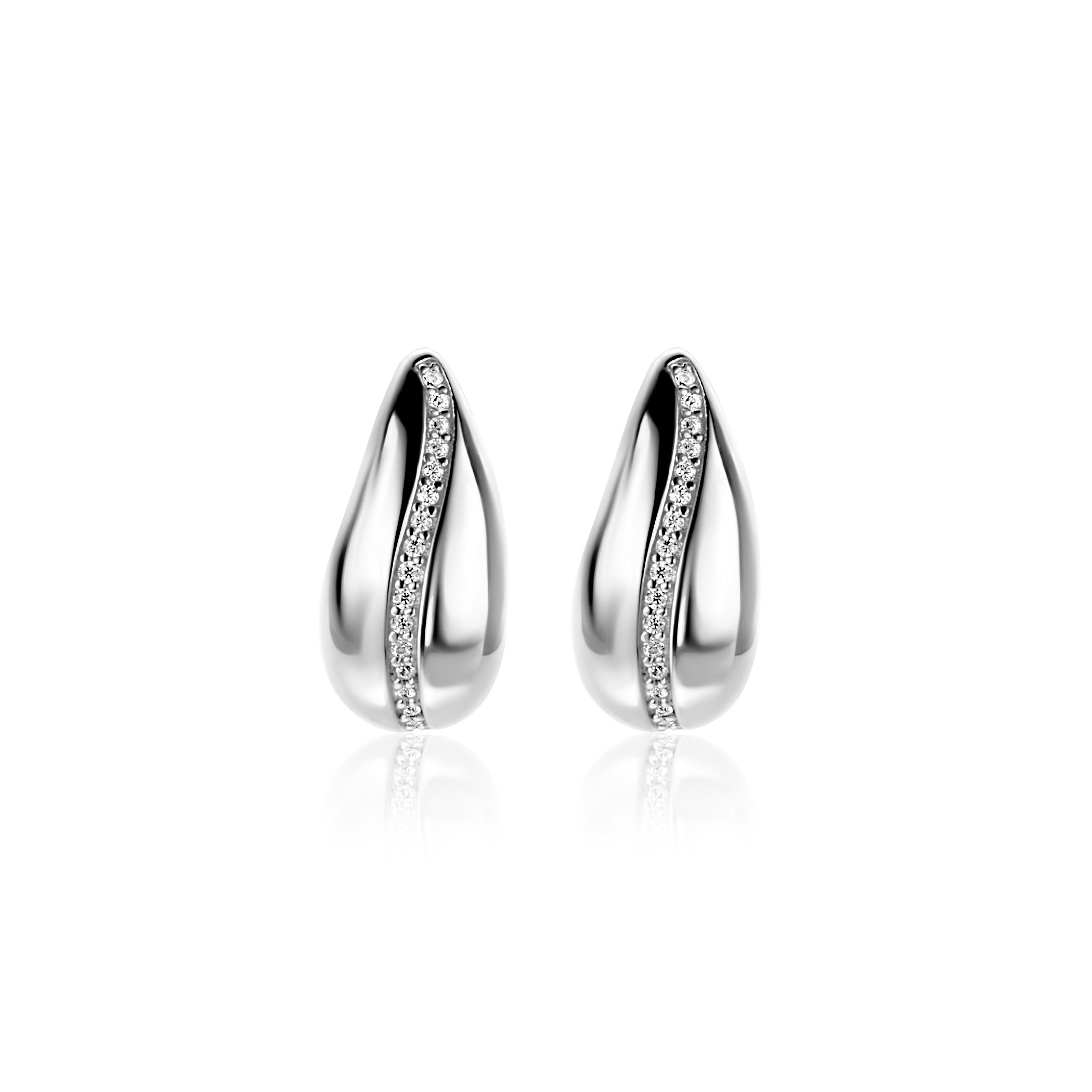 17mm ZINZI zilveren oorstekers in druppelvorm met golvende rij witte zirkonia's ZIO2707