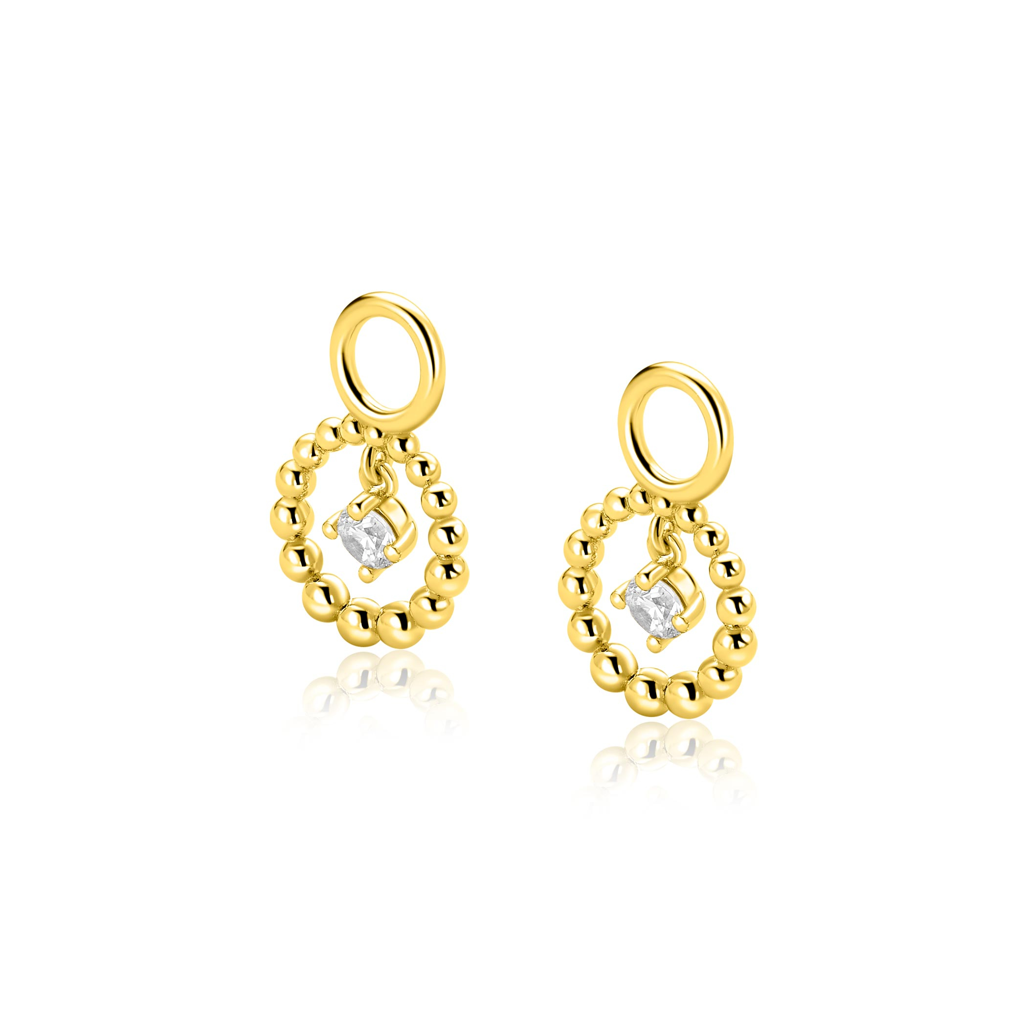 10mm ZINZI goldplated zilveren oorbedels met bolletjes en bungelende witte zirkonia ZICH2816 (zonder oorringen)