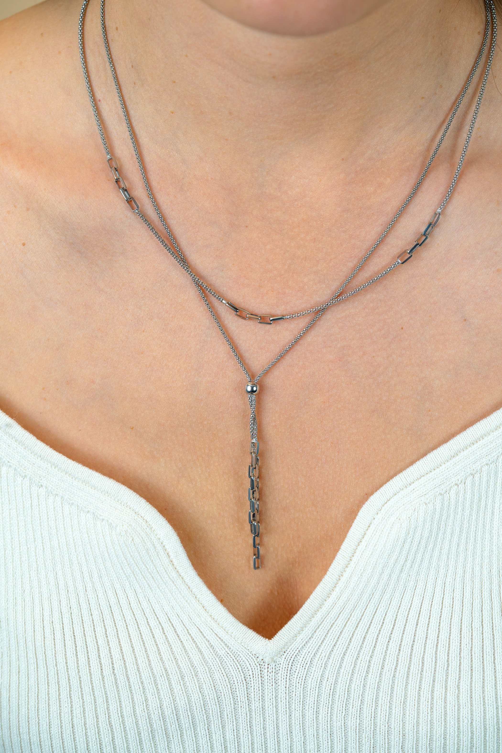 ZINZI zilveren popcorn schakelketting 45-48cm met drie paperclip schakelaccenten ZIC2709