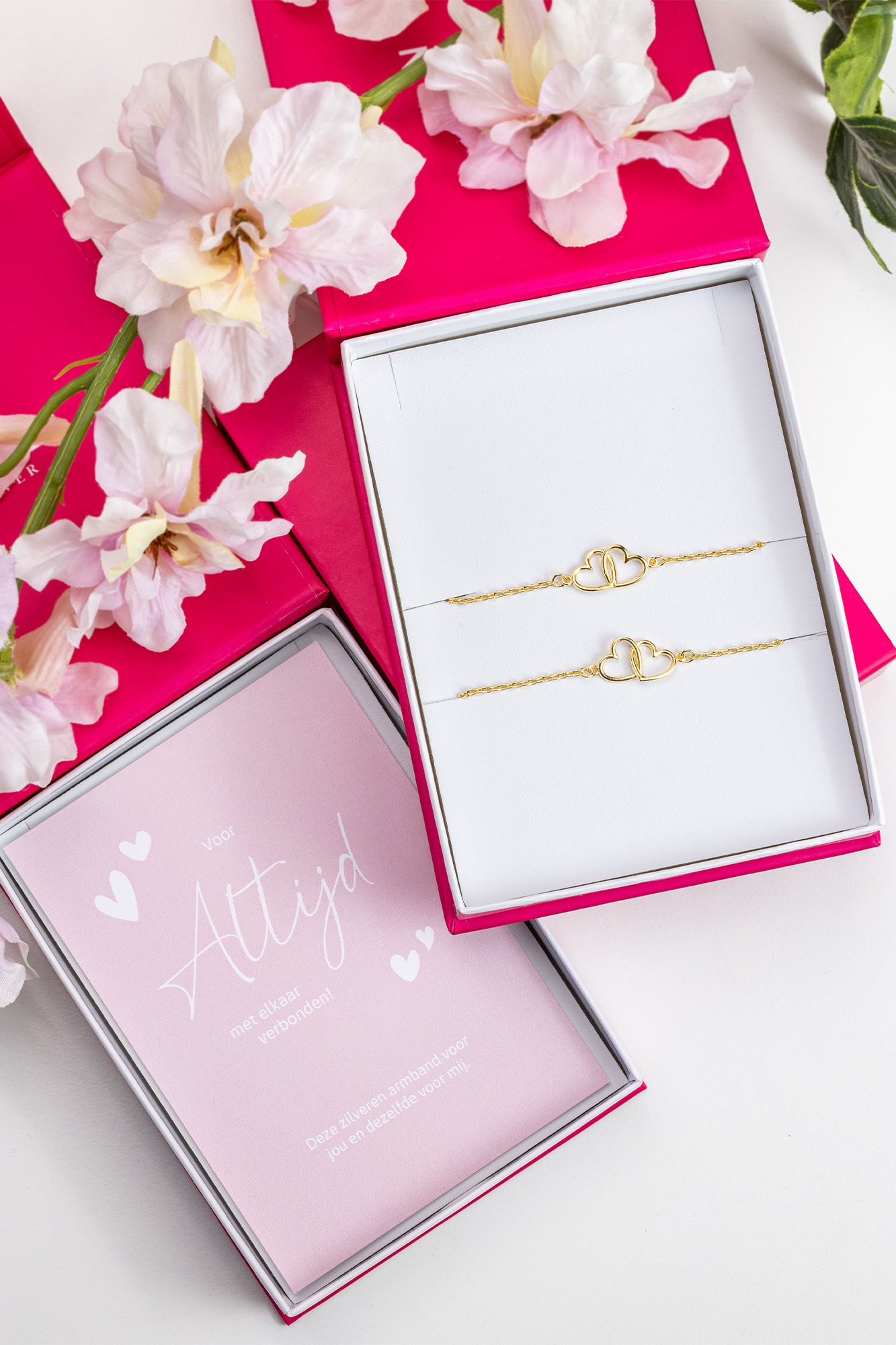 ZINZI set van 2 gold-plated zilveren armbanden met 2 verbonden hartjes 16,5-19,5cm ZIA2513G-SET