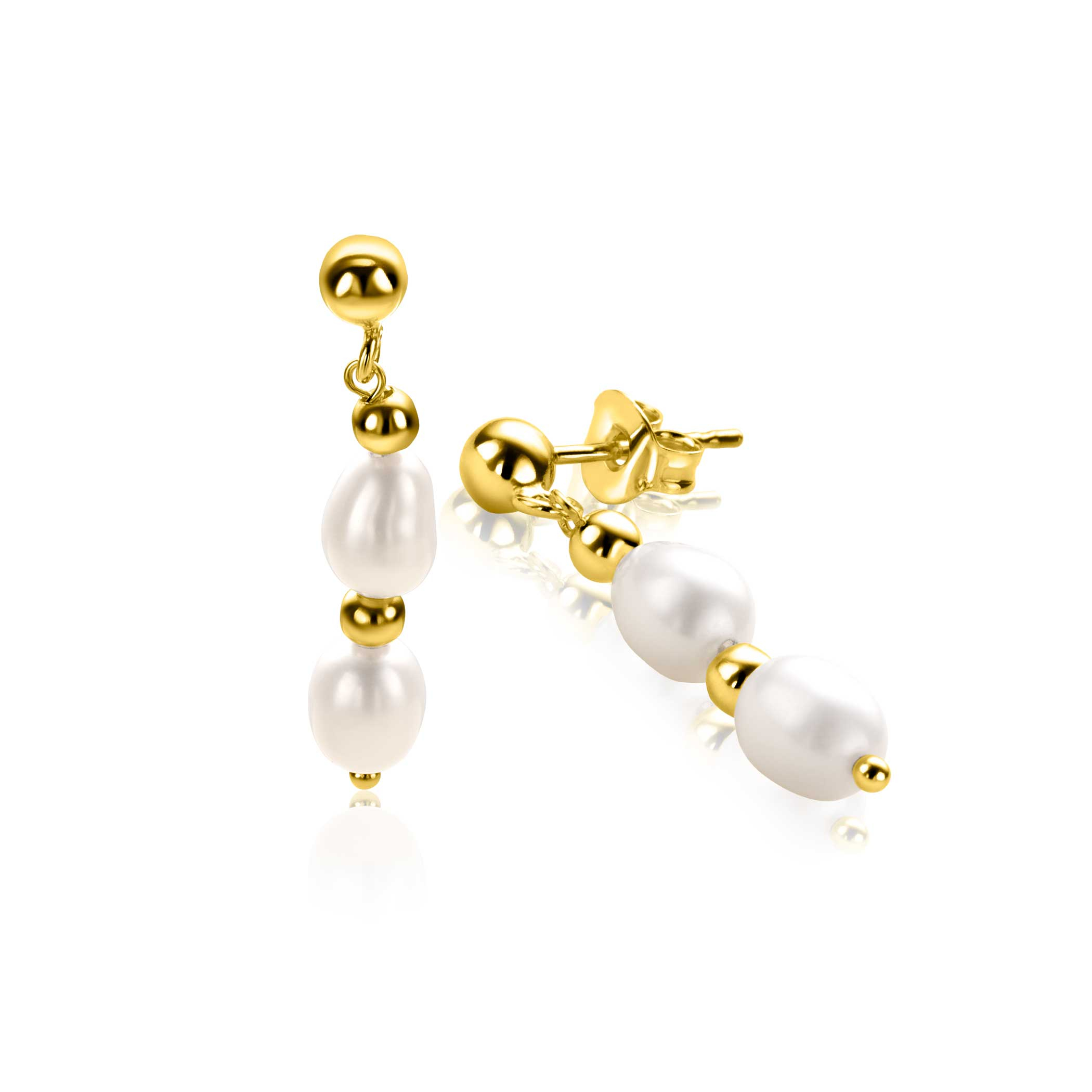 30mm ZINZI gold plated zilveren oorstekers met glanzende bolletjes en twee witte zoetwaterparels ZIO-BF121