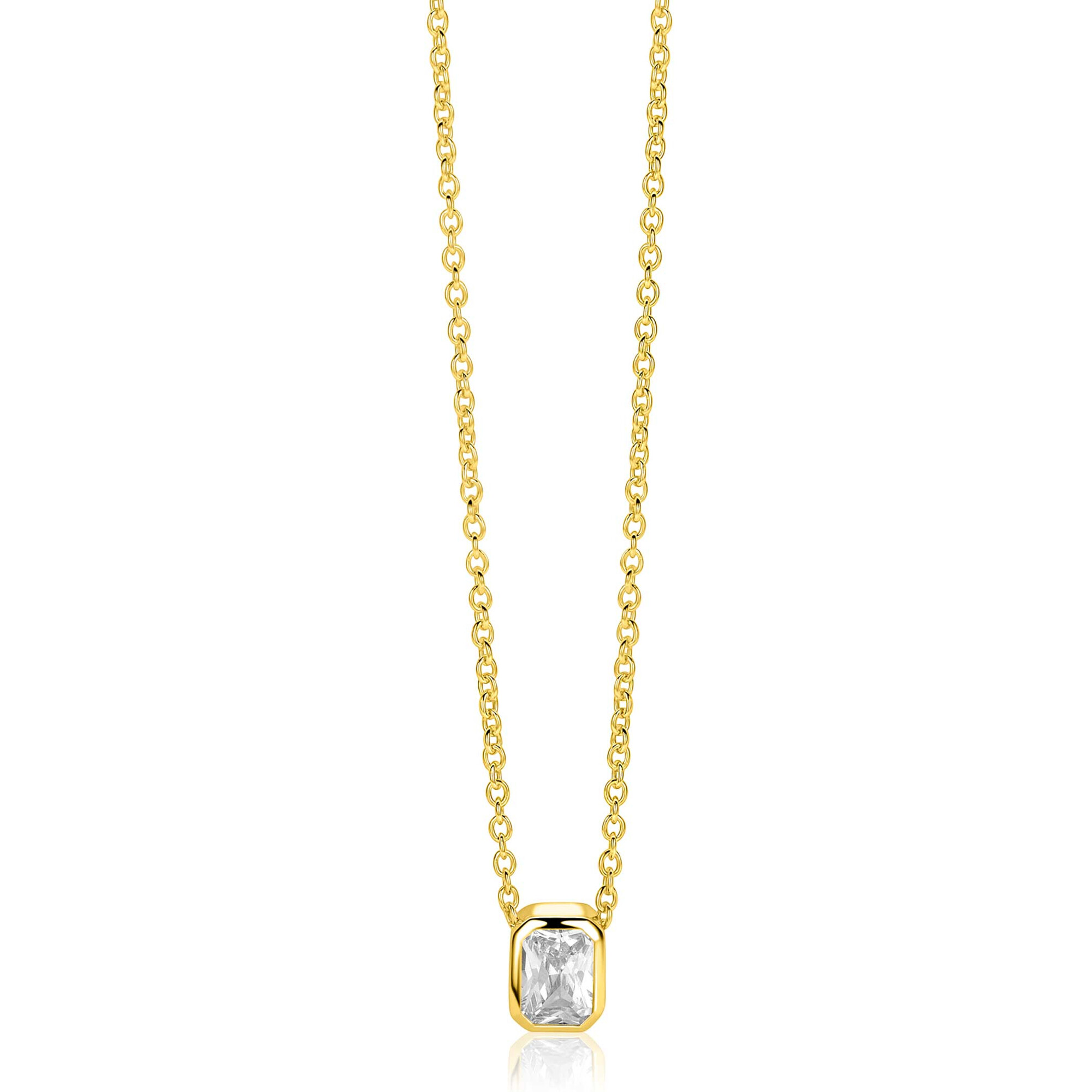 ZINZI gold plated zilveren collier 45cm met een rechthoekige gladde kastzetting (9mm), bezet met een witte zirkonia ZIC2899