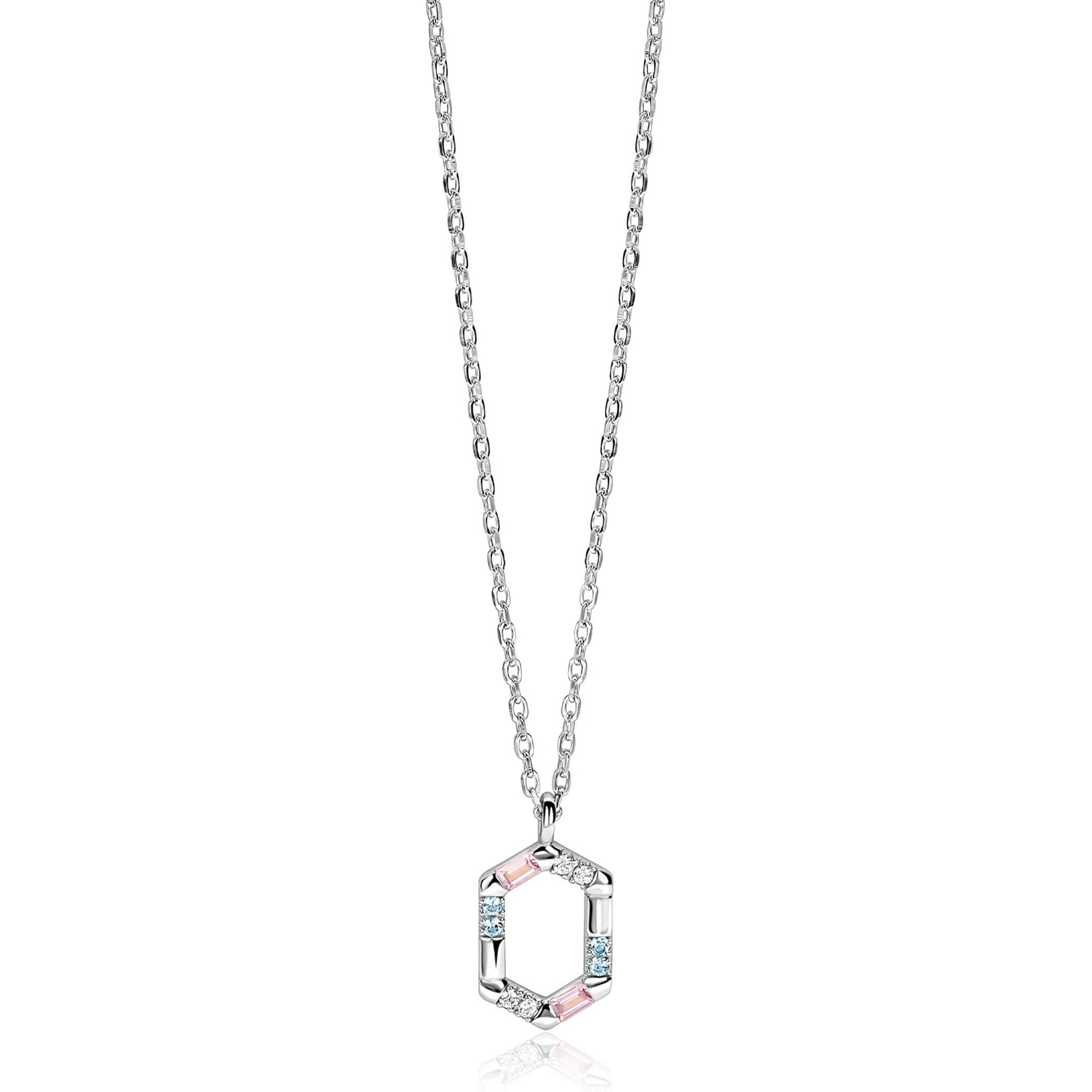 ZINZI zilveren ketting met zeshoekige hanger (18mm) bezet met witte, roze en lichtblauwe kleurstenen 42-45cm ZIC2868