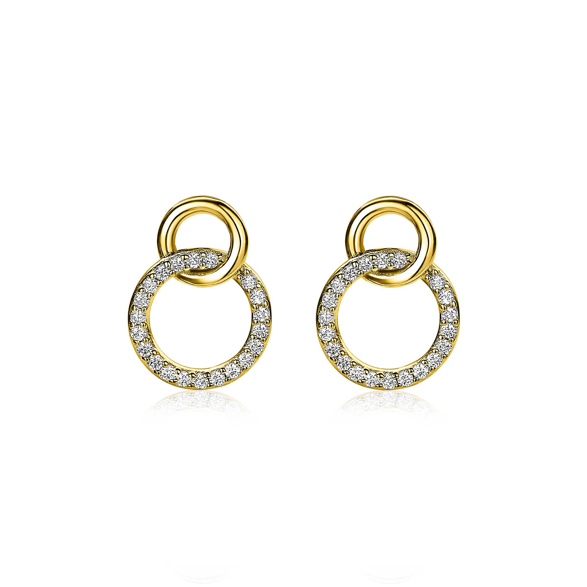 15mm ZINZI gold plated zilveren oorknoppen twee open rondjes verbonden en witte zirkonia's ZIO1782Y