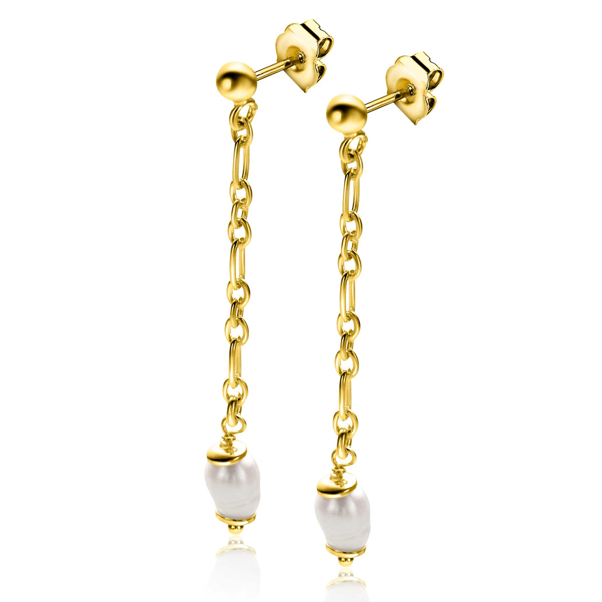 40mm ZINZI gold plated zilveren oorstekers met lang schakelkettinkje, inclusief witte zoetwaterparel ZIO2588