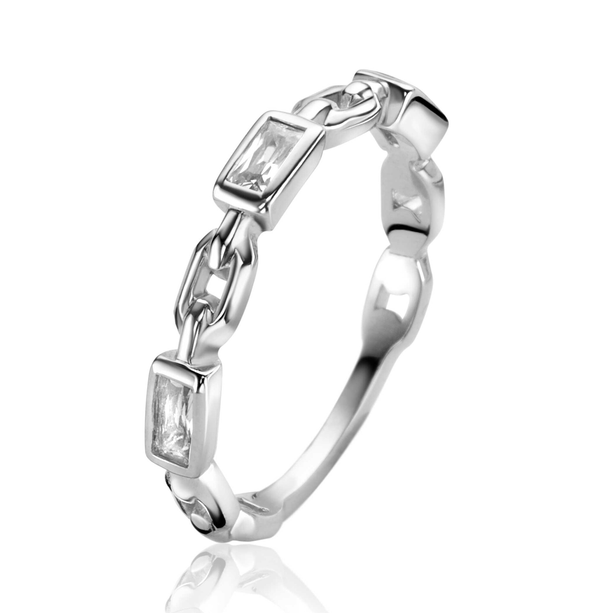 ZINZI zilveren aanschuifring met paperclip-schakels en drie rechthoekige zettingen bezet met witte zirconia ZIR2427C