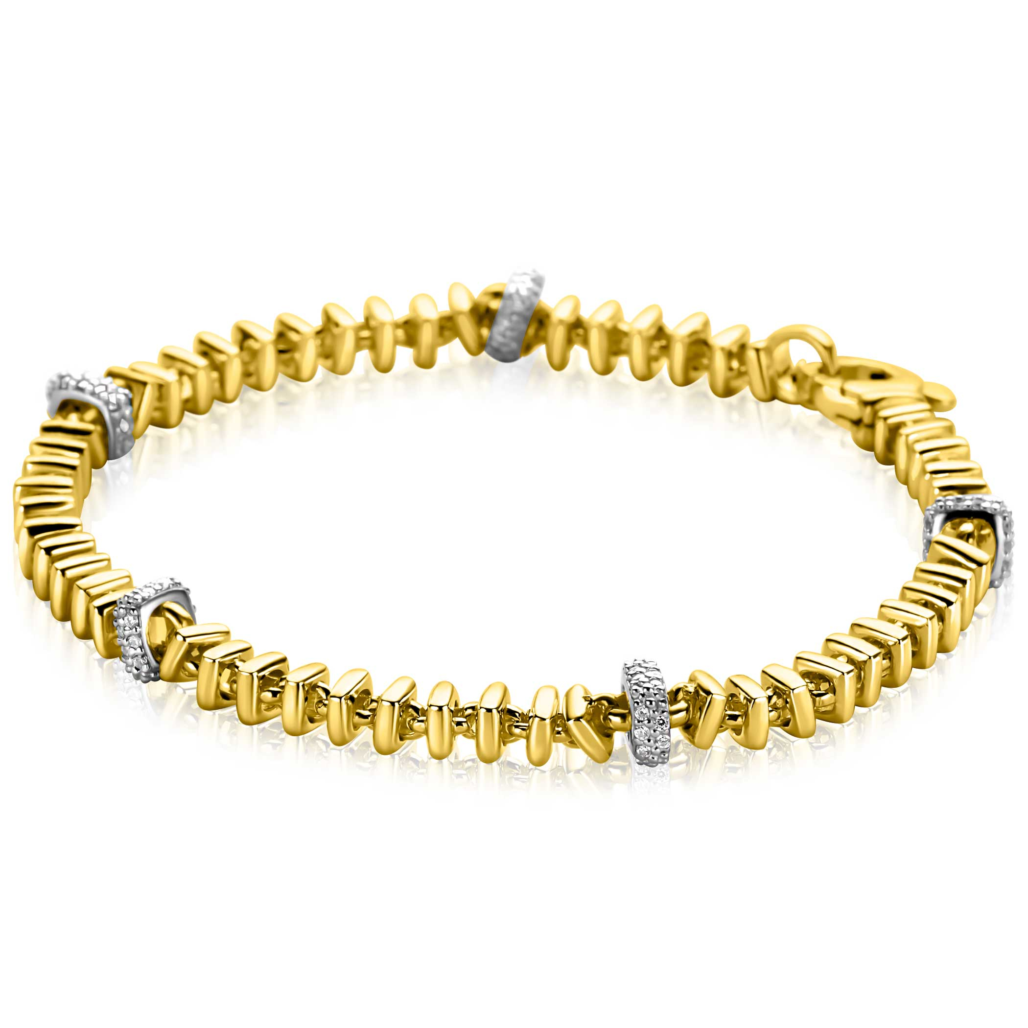 ZINZI gold plated zilveren vierkante schakel armband 6mm breed afwisselend bezet met witte zirkonia's 19cm ZIA2678Y