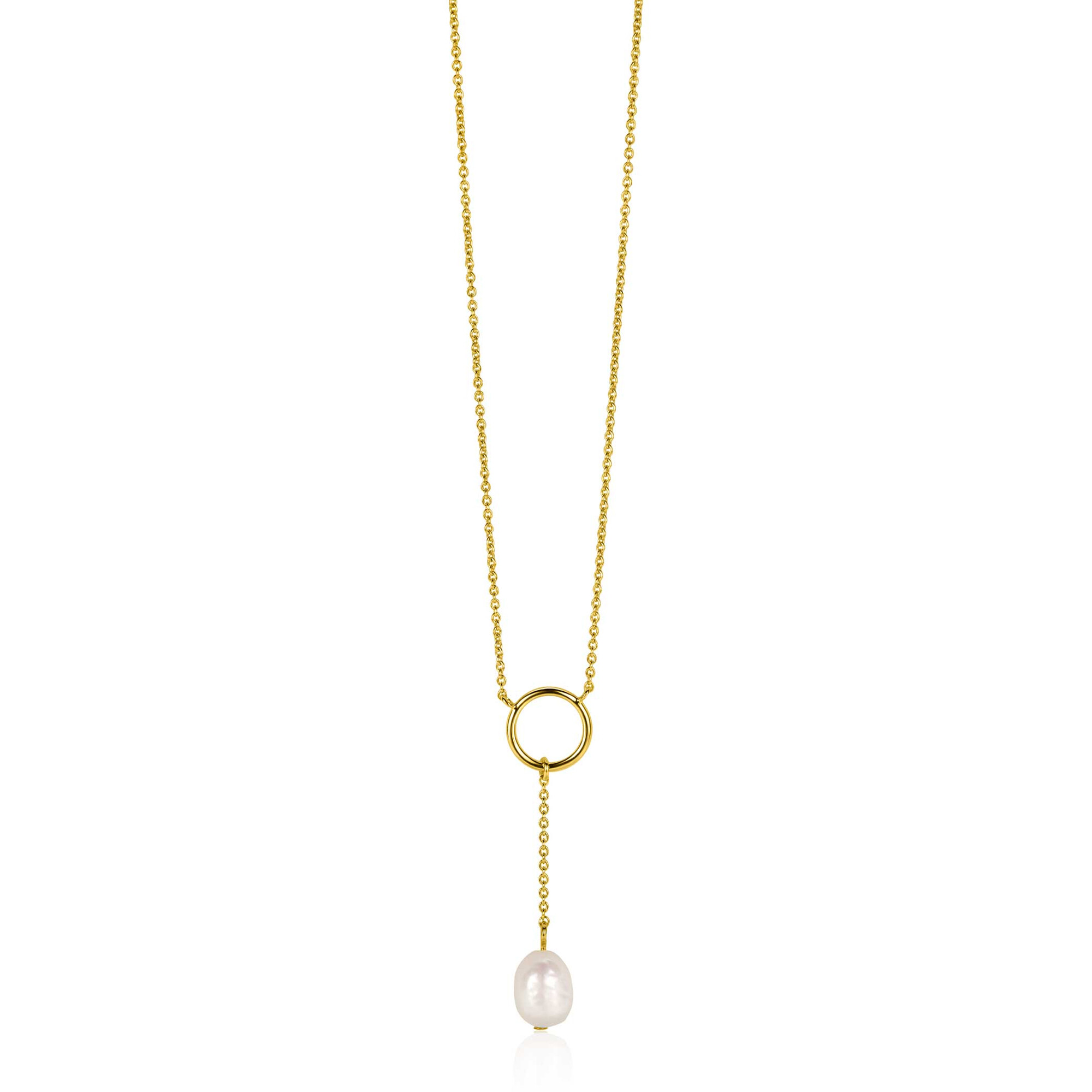 ZINZI gold plated zilveren Y-ketting met open rondje en bungelend witte zoetwaterparel in organische vorm 42-45cm ZIC2615