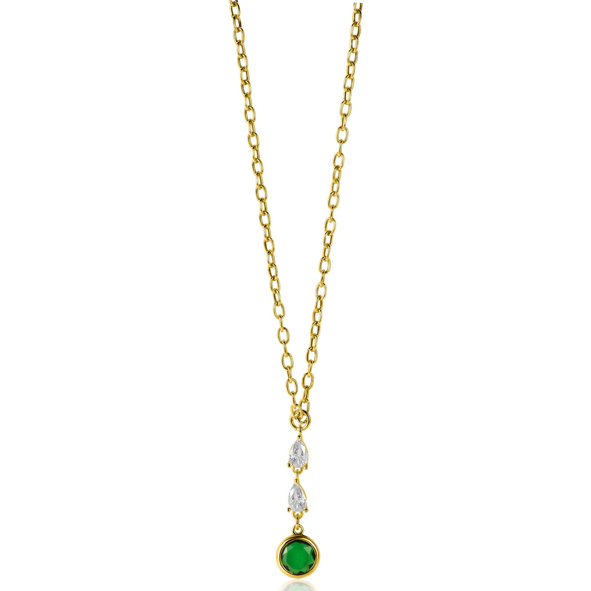 ZINZI gold plated zilveren schakelketting met hanger (31mm) bezet met twee peervormige witte zirconia's en een ronde groene kleursteen 40-45cm ZIC-BF69G