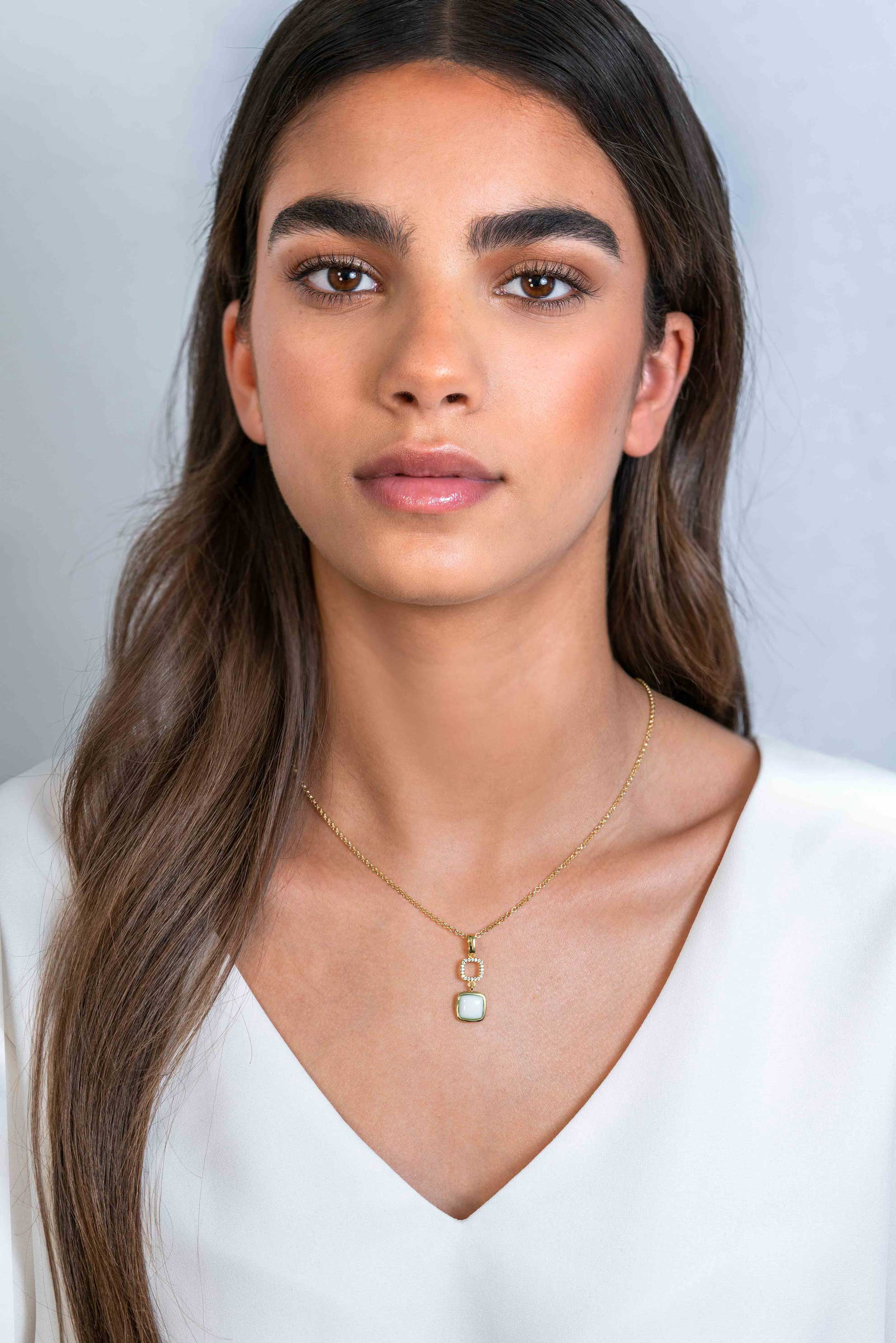 ZINZI gold plated zilveren tweezijdige hanger 30mm vierkant met witte onyx en mintgroene kleursteen ZIH2308 (zonder collier)