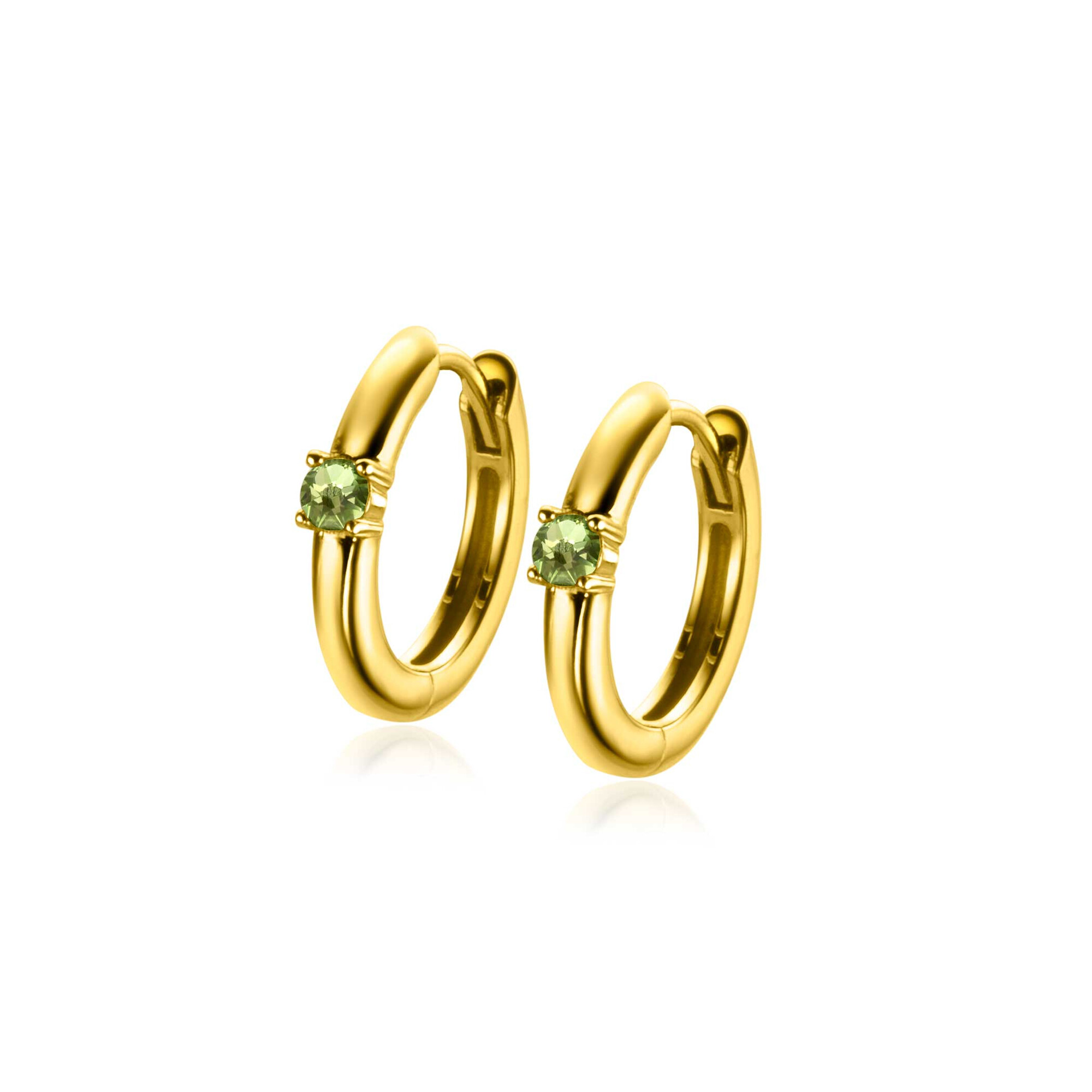 AUGUSTUS oorringen 13mm gold plated met geboortesteen groen peridoot zirconia 
