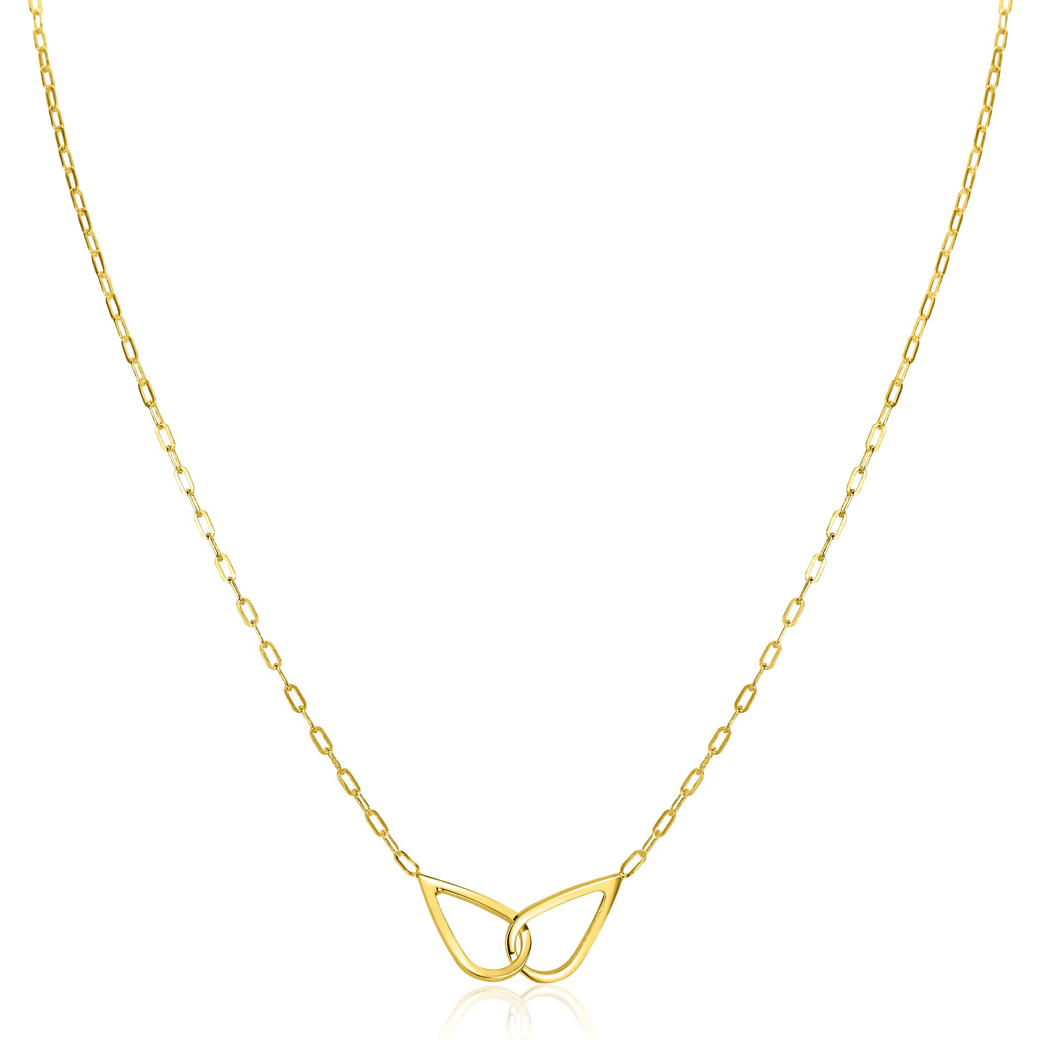 ZINZI gold plated zilveren ketting met paperclip-schakels, waarbij in het midden twee druppelvormen mooi met elkaar verbonden zijn 42-45cm ZIC2634