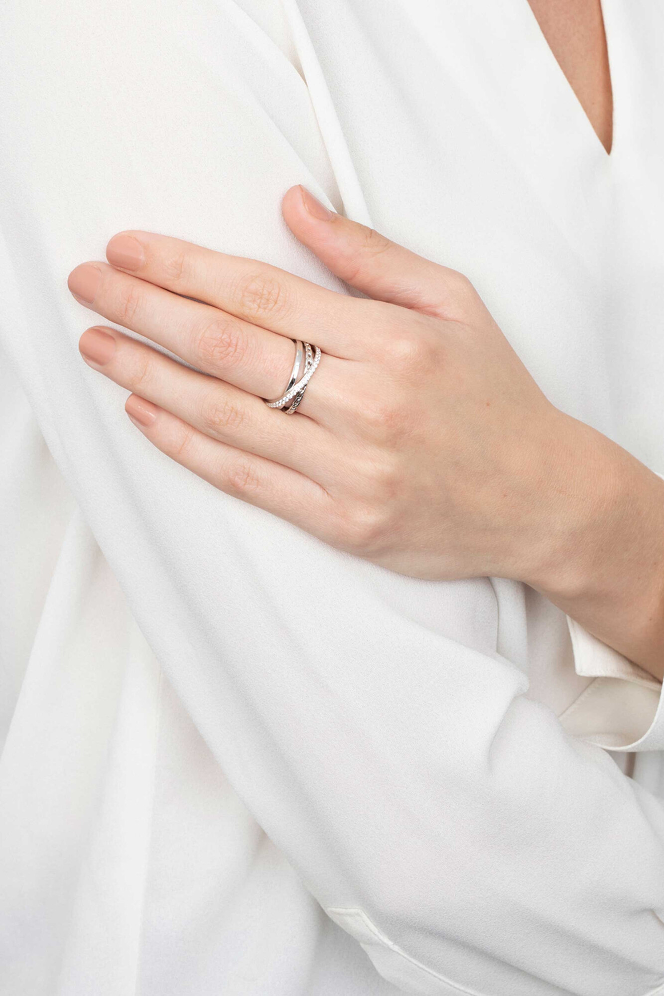 ZINZI zilveren cross-over ring gourmet wit ZIR1360C