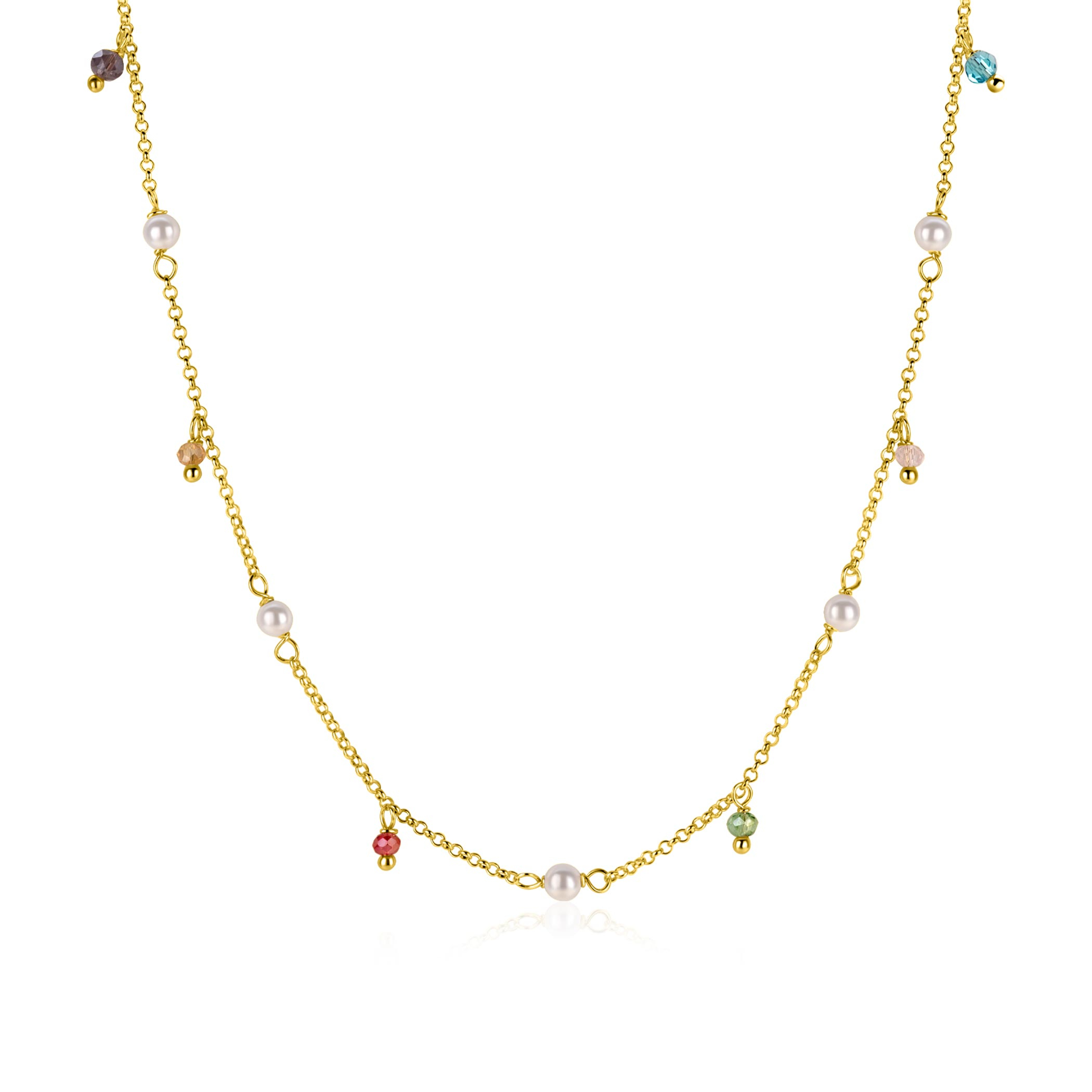 ZINZI gold plated zilveren ketting met witte parels en bungelende beads (5,5 mm) in frisse kleuren 42-45cm ZIC2705G