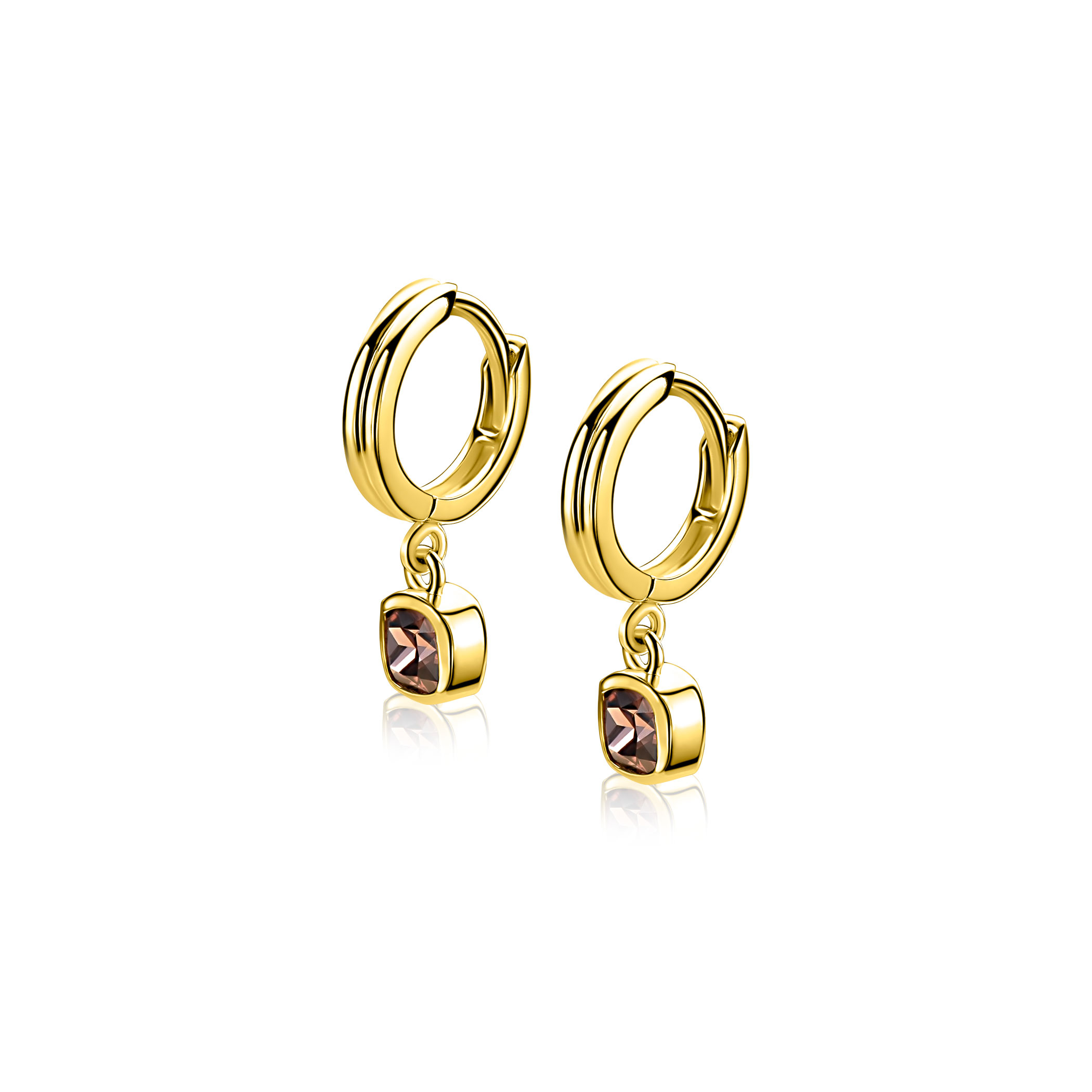 19mm ZINZI gold plated zilveren oorringen met bungelende vierkante bruine zirkonia's ZIO-BF154

