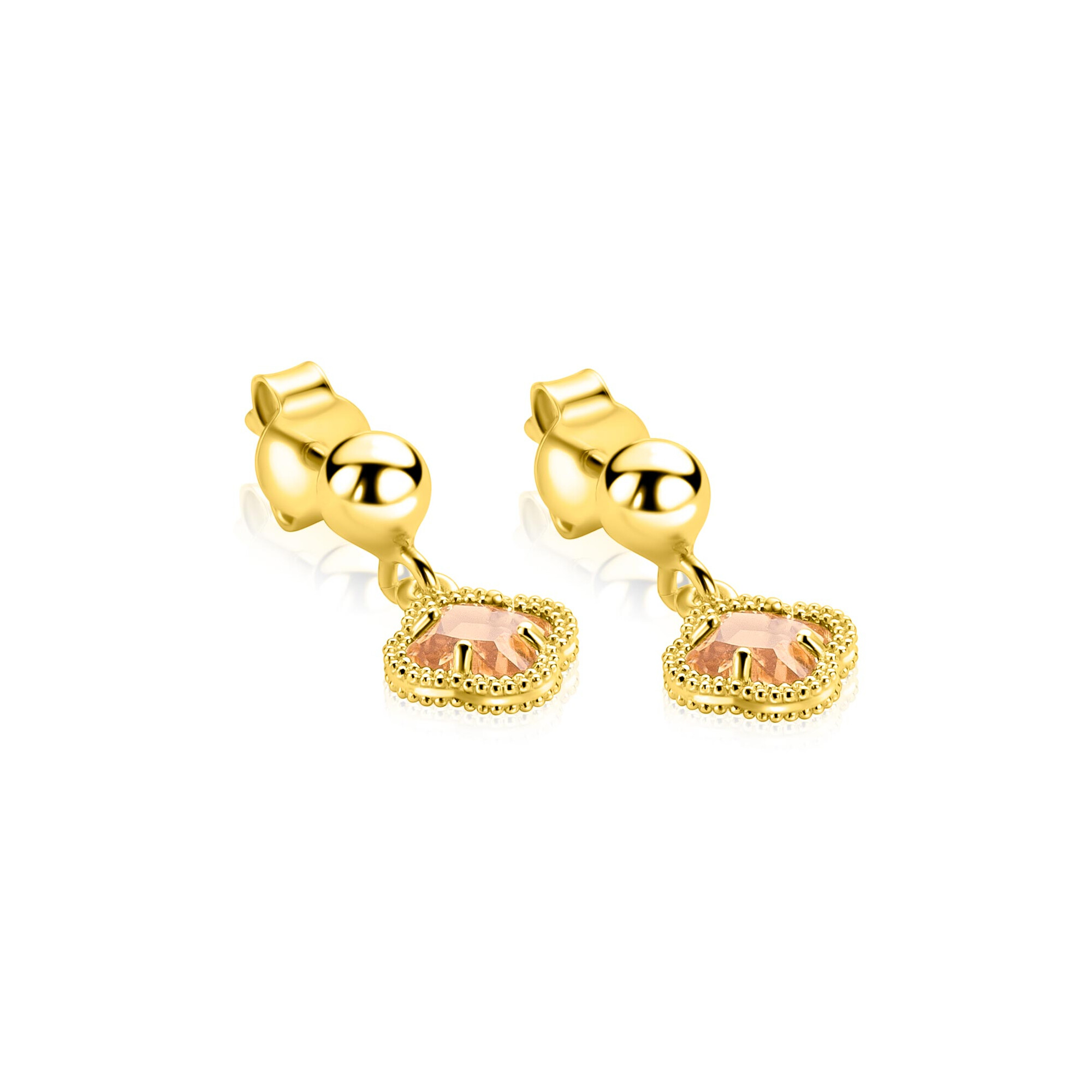 14mm ZINZI gold plated zilveren oorstekers met licht bruine klavers 7mm ZIO2905C