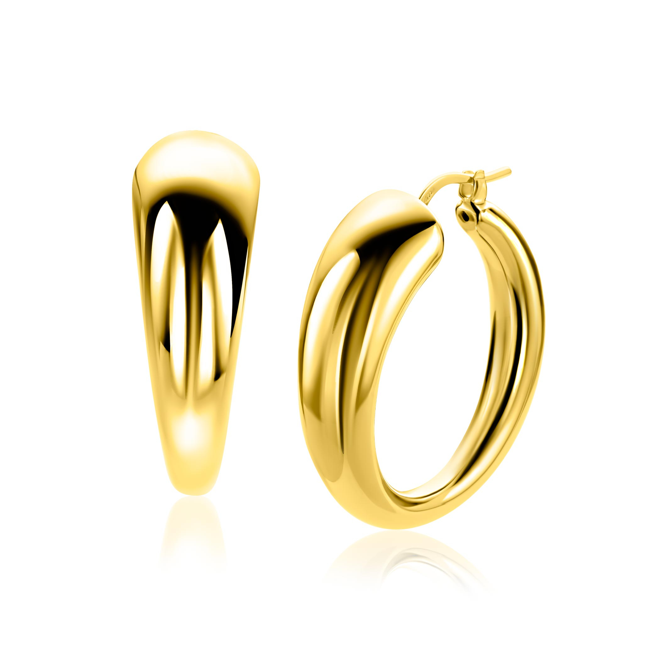 32mm ZINZI goldplated zilveren oorringen met een bolle aflopende vorm en handige bovensluiting ZIO2789G