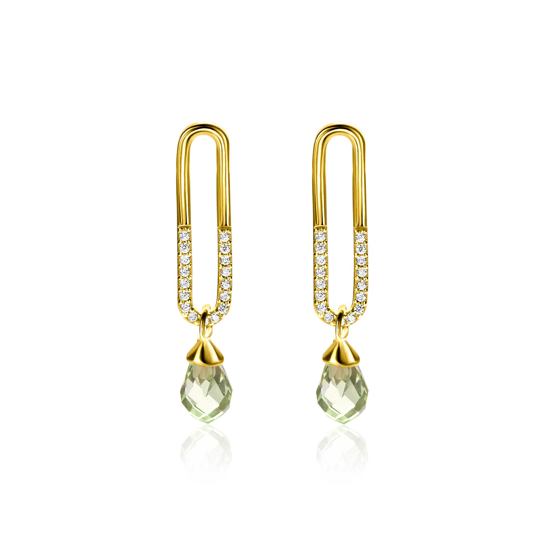 30mm ZINZI gold plated zilveren oorstekers met trendy open ovale vorm en peervormige hanger groen peridot ZIO2430