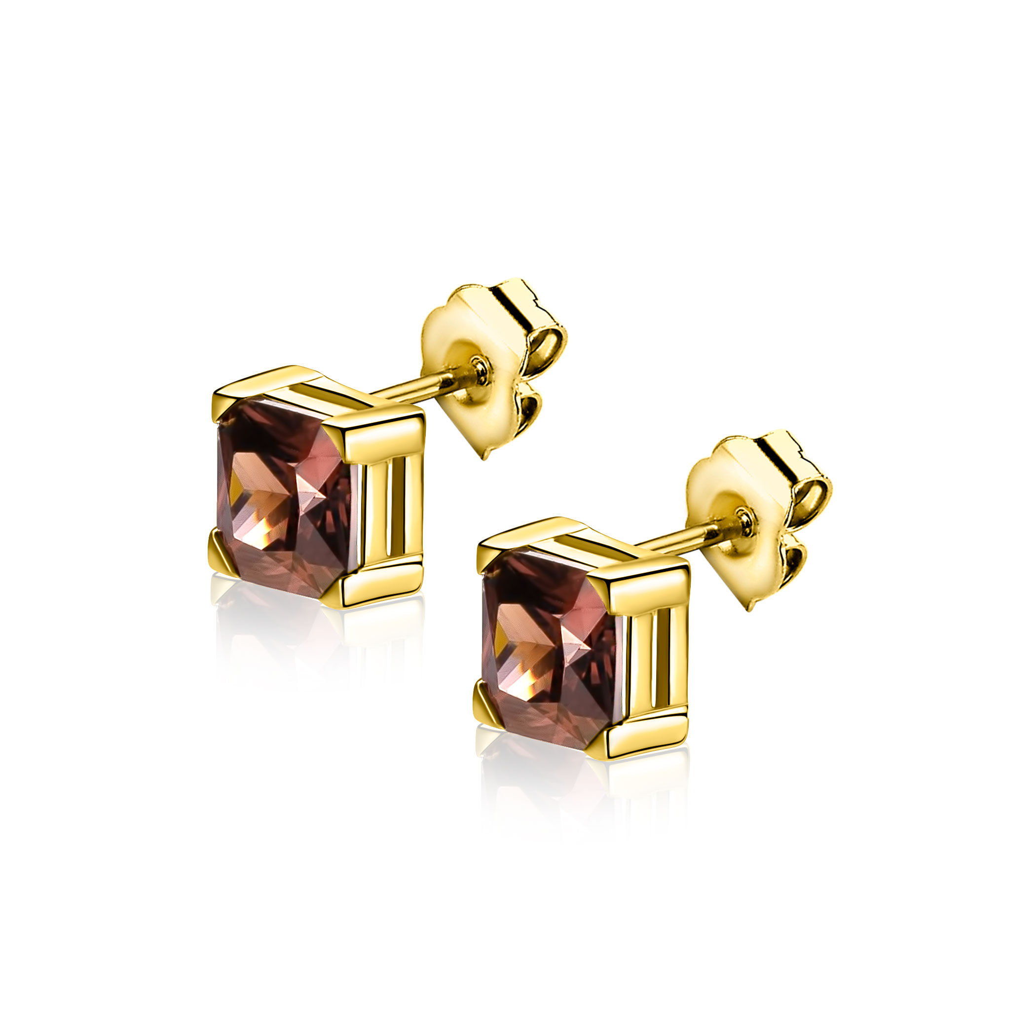 6mm ZINZI gold plated zilveren oorknoppen met vierkante bruine zirkonia ZIO-BF141

