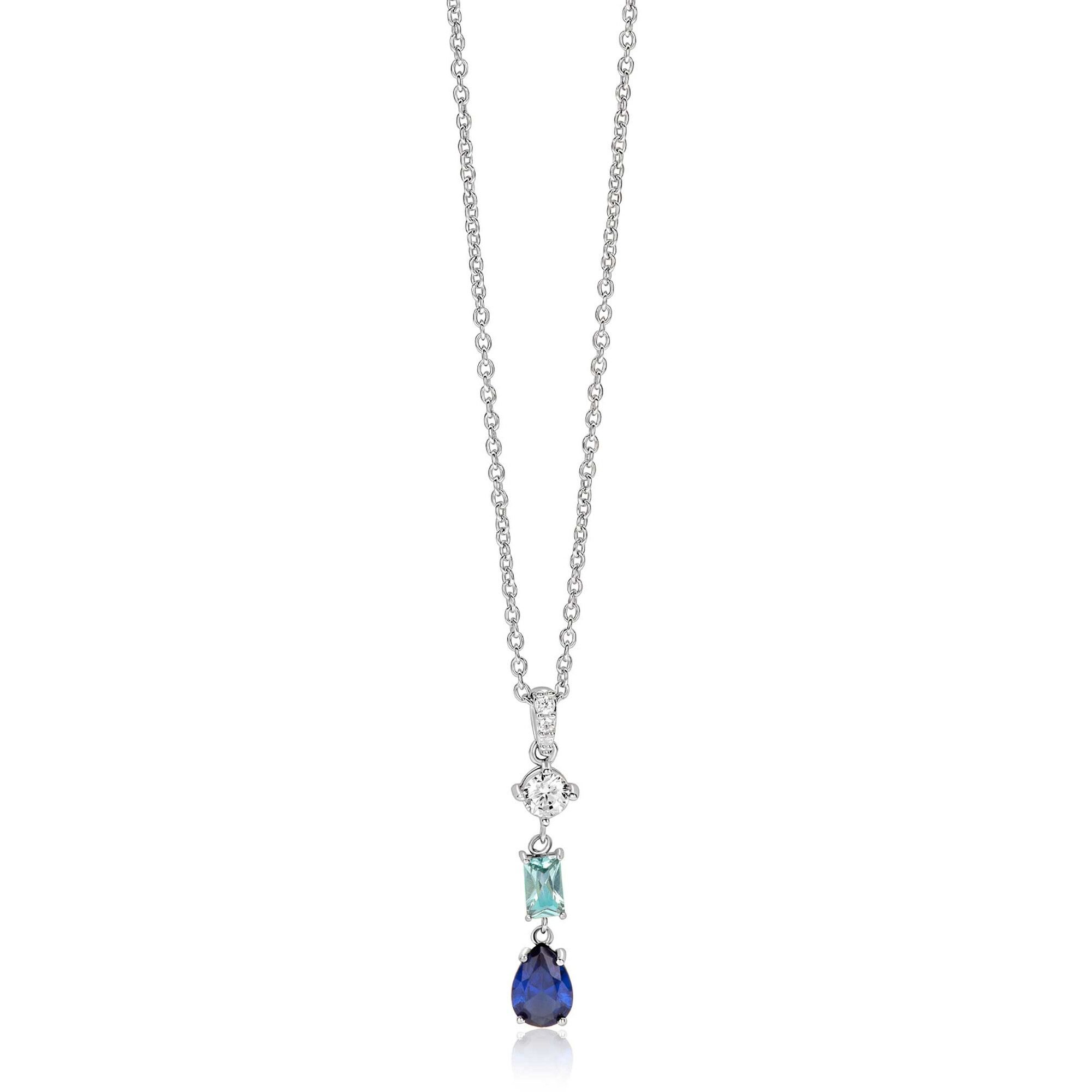 ZINZI zilveren collier 45cm met sierlijke hanger (27mm) bezet met een ronde witte zirkonia, licht aquablauwe rechthoekige kleursteen en diepblauwe peervormige kleursteen ZIC2901
