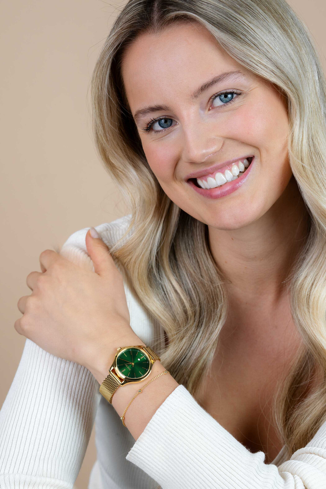 ZINZI Classy horloge 34mm groene wijzerplaat goudkleurige stalen kast en meshband, datum ZIW1035M