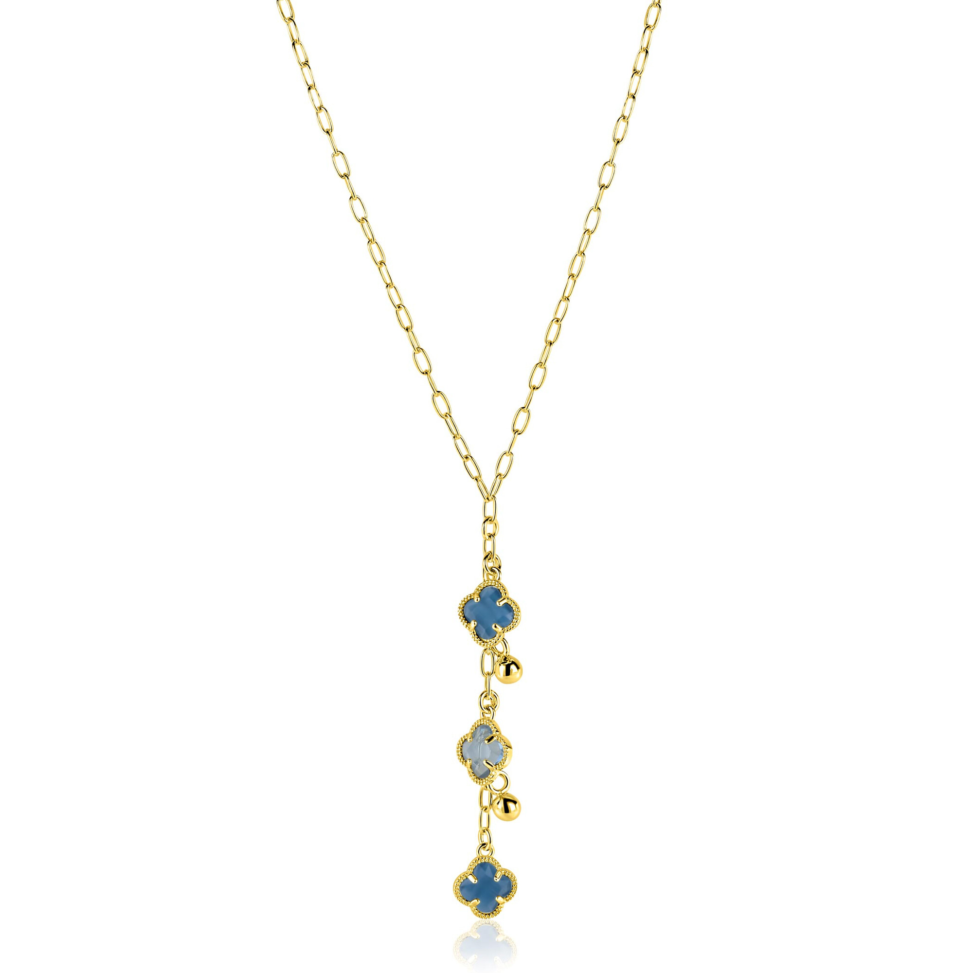 ZINZI goldplated zilveren Y ketting 45cm met drie blauwkleurige klavervormige kleurstenen en speelse bolhangers ZIC2773
