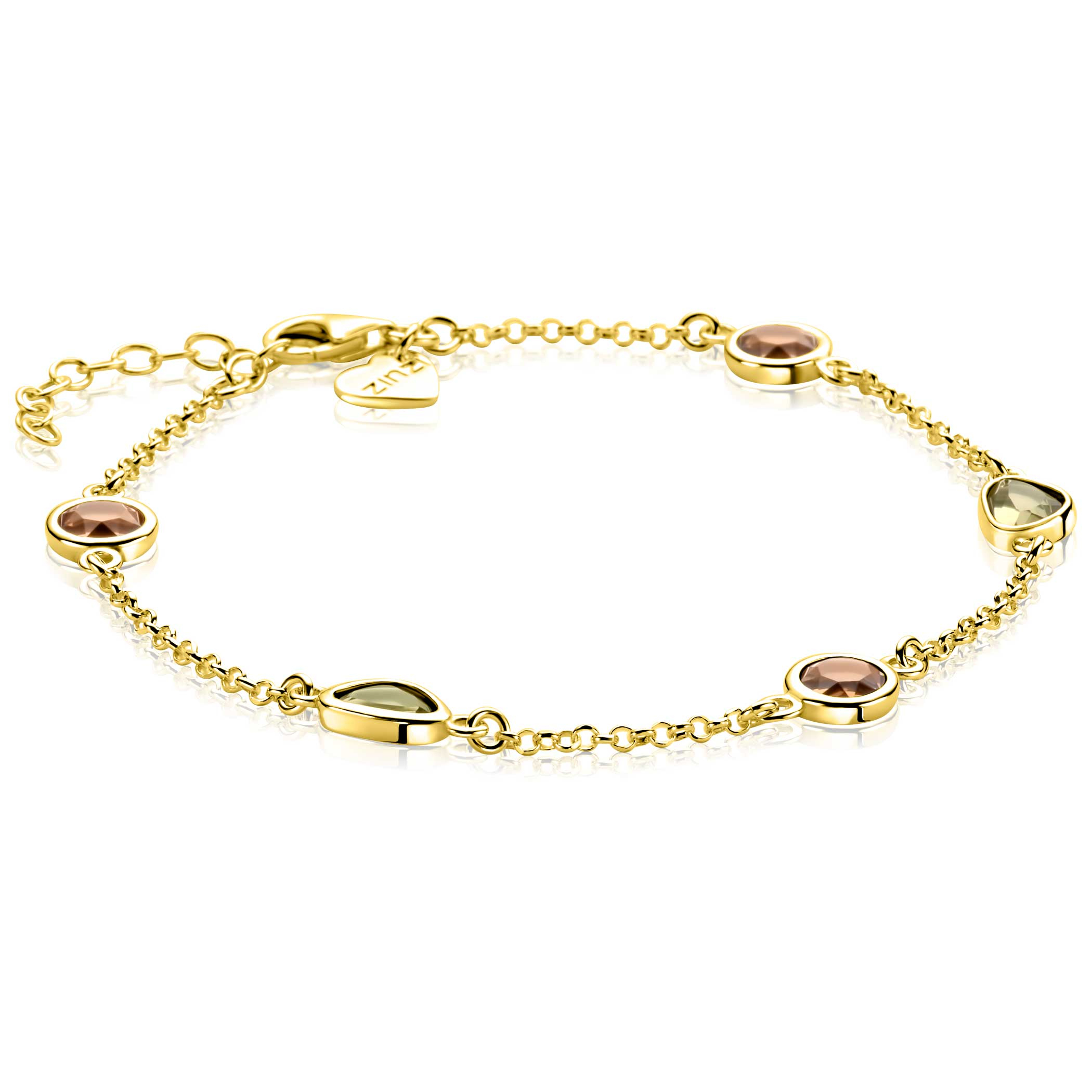ZINZI gold plated zilveren fantasie armband met ronde vormen bruin en olijfgroen ZIA2770