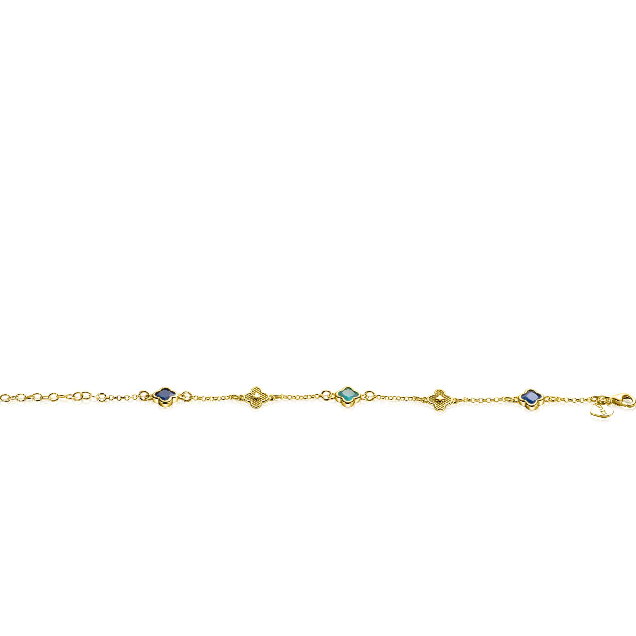 ZINZI gold plated zilveren schakel armband met twee donkerblauwe klavers en een groene klaver 16-19cm ZIA2583