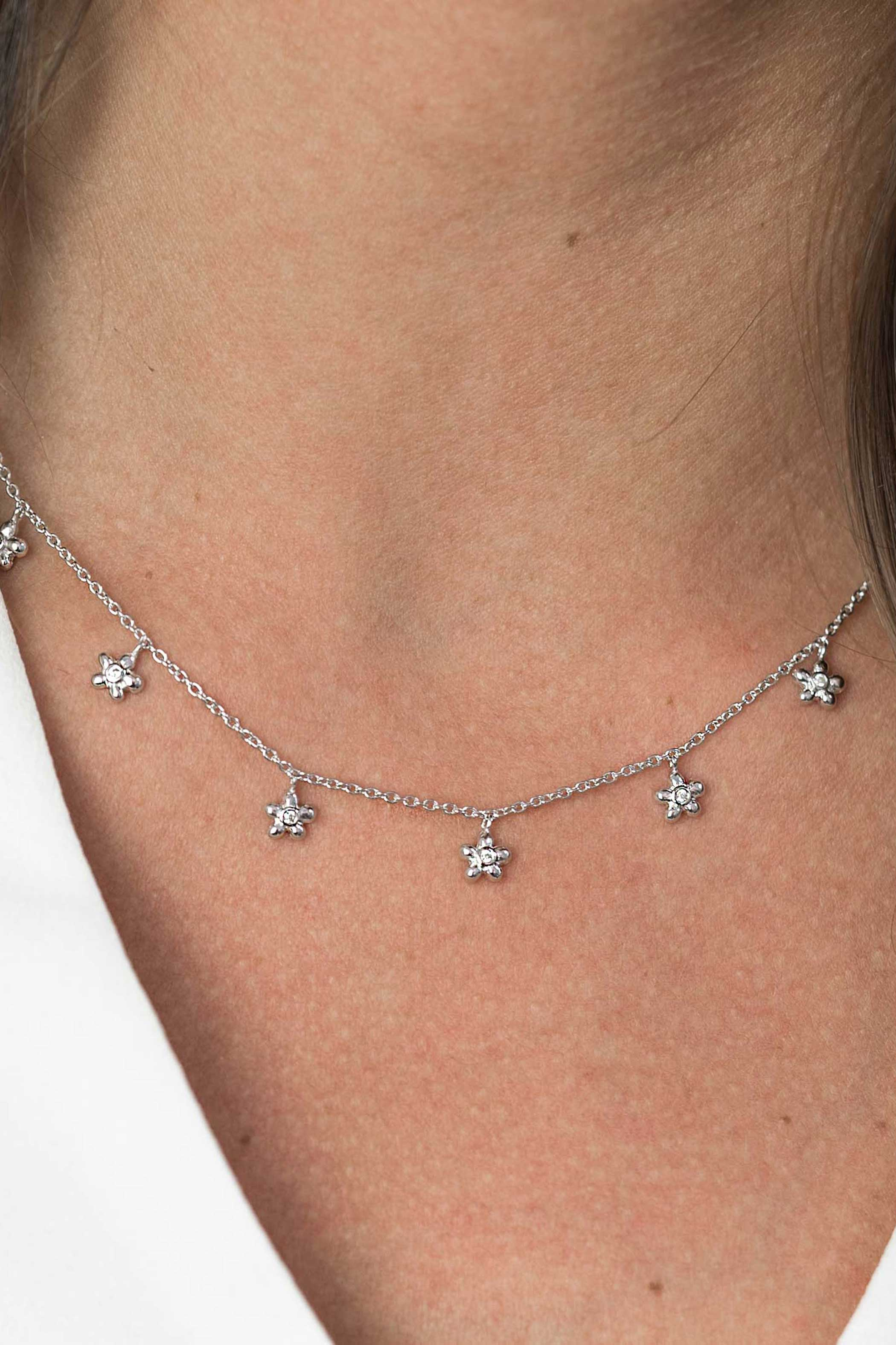 ZINZI zilveren ketting met zeven bloem-hangertjes, bezet met witte zirconia's  45cm ZIC1876
