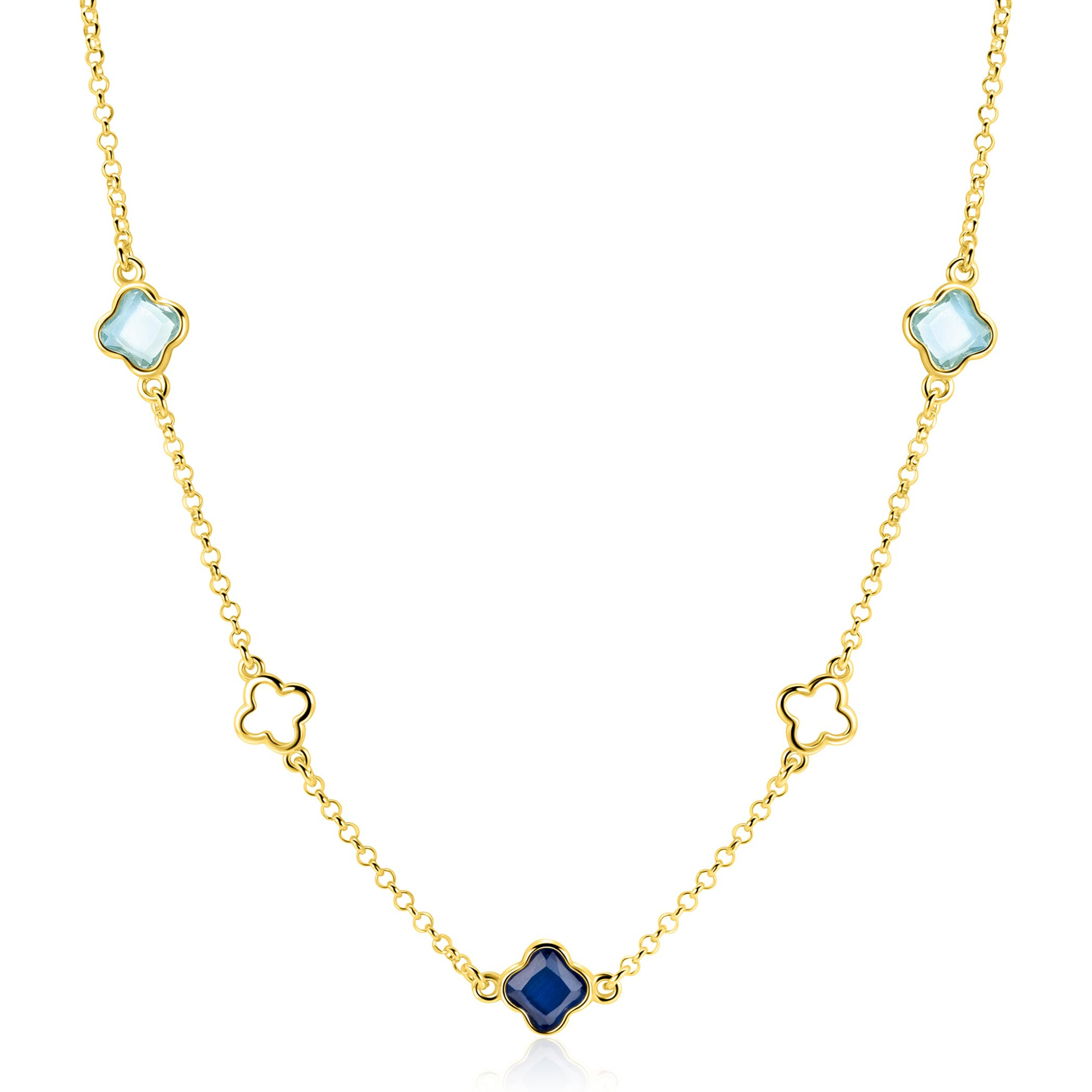 ZINZI gold plated zilveren schakelketting met twee licht blauwe klavers en een saffier blauwe klaver 40-45cm ZIC2906