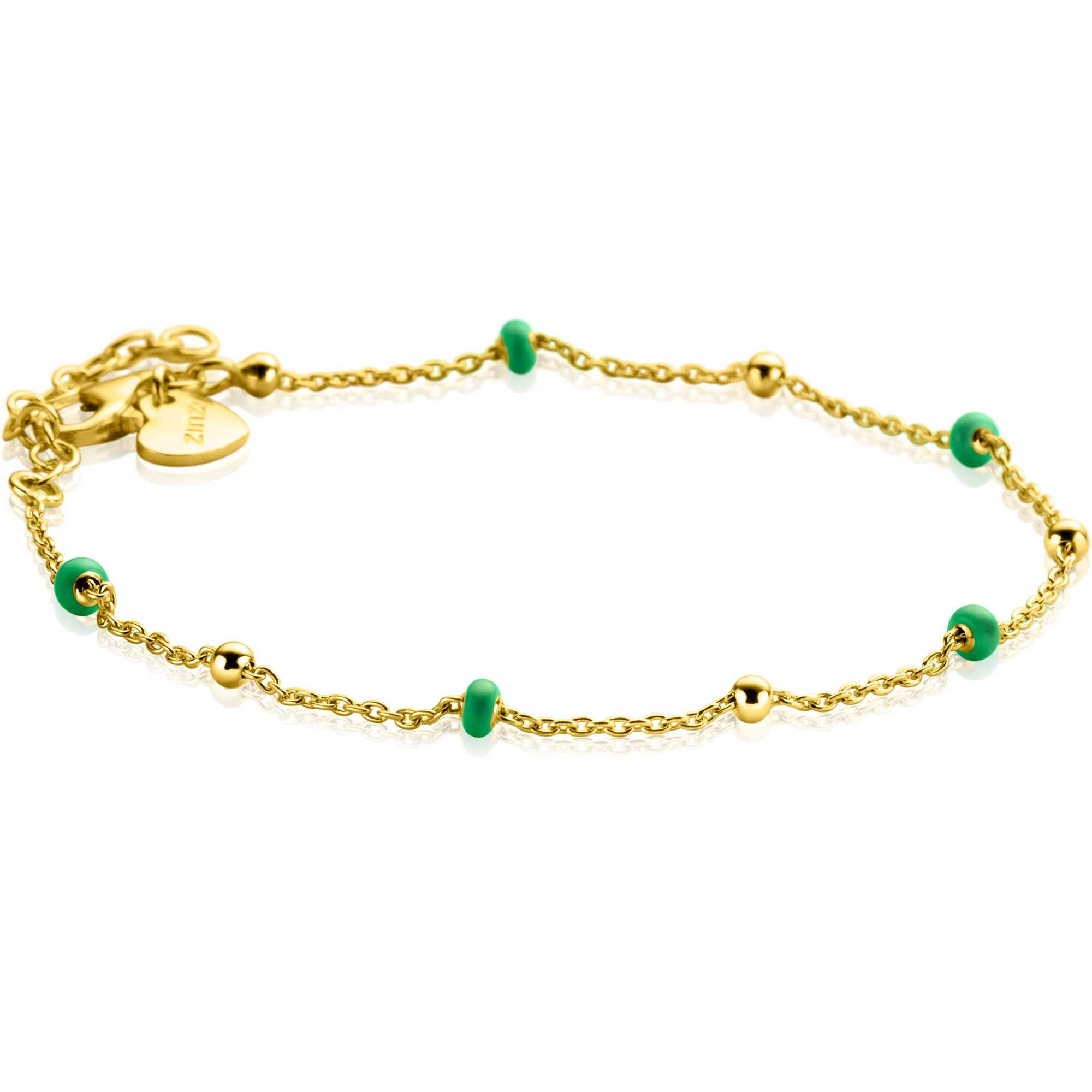 ZINZI gold plated zilveren fantasie armband met 5 groene donuts en glanzende bolletjes 17-19,5cm ZIA2509