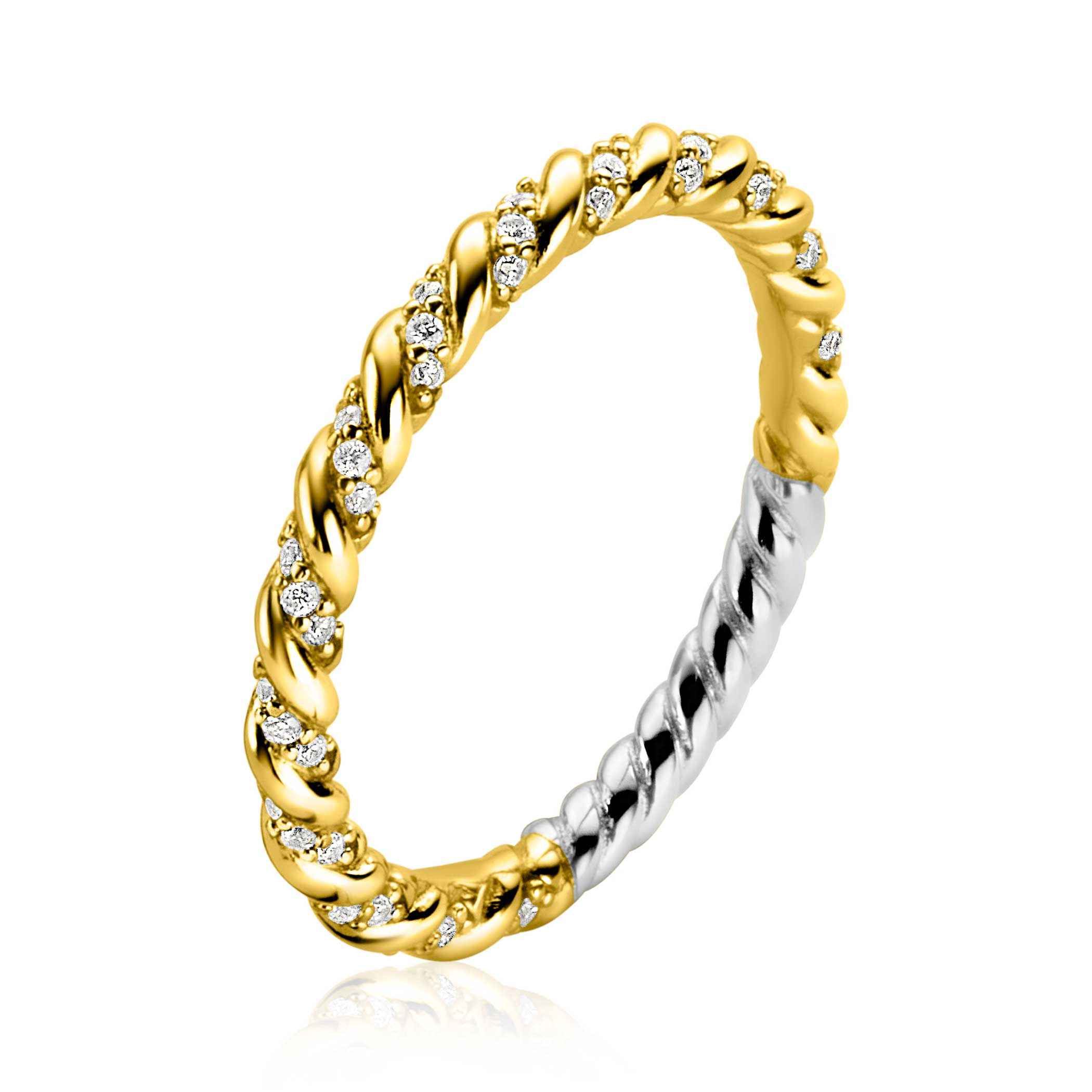 ZINZI gold plated zilveren aanschuifring gedraaid met witte zirconia's ZIR2320YC