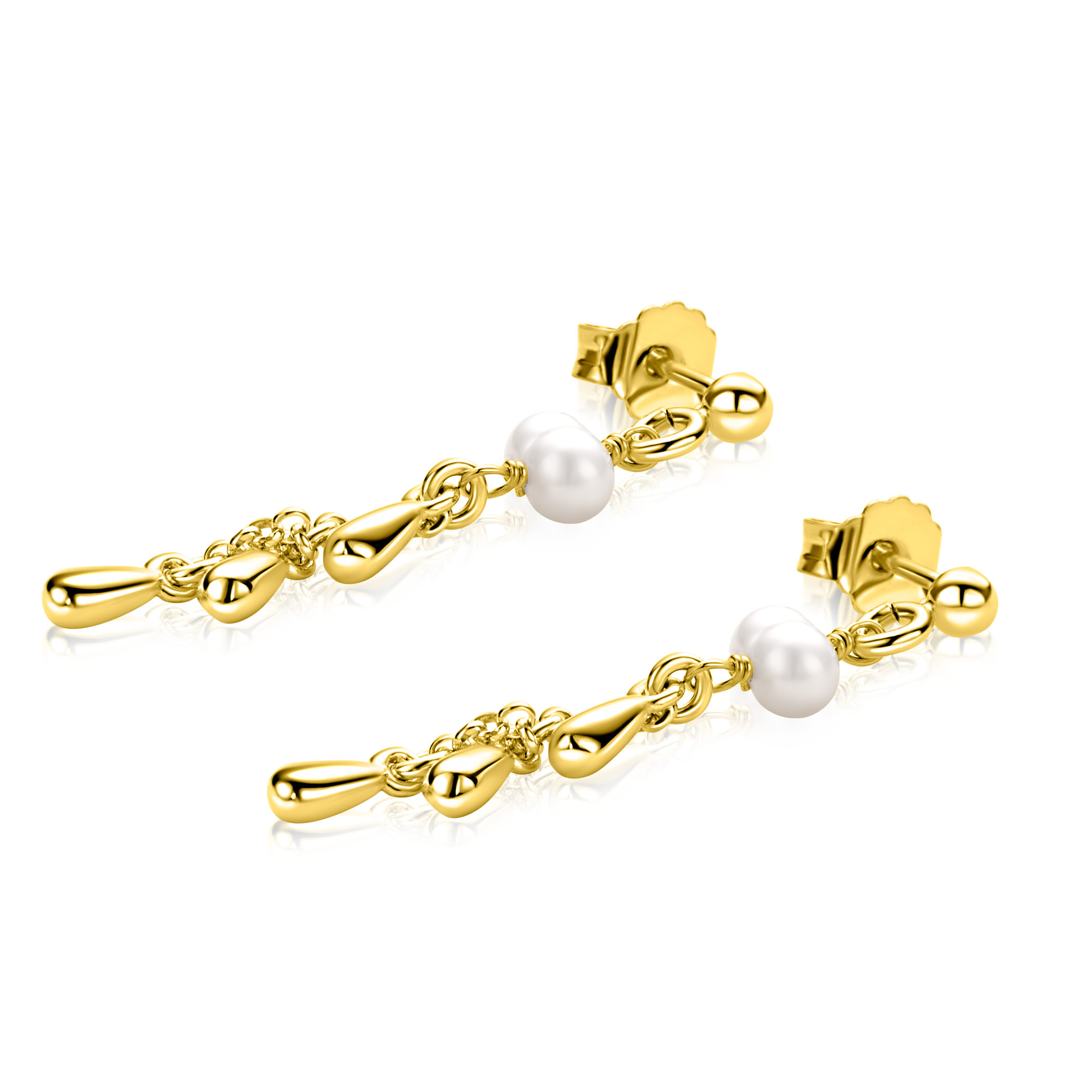 37mm ZINZI gold plated zilveren oorstekers met druppels en witte zoetwaterparels ZIO2753