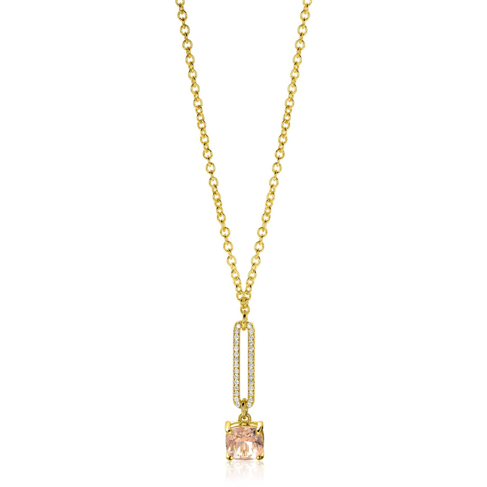 ZINZI gold plated zilveren jasseron ketting met schitterende open ovale vorm en vierkante hanger in licht roze 42-45cm ZIC2579
