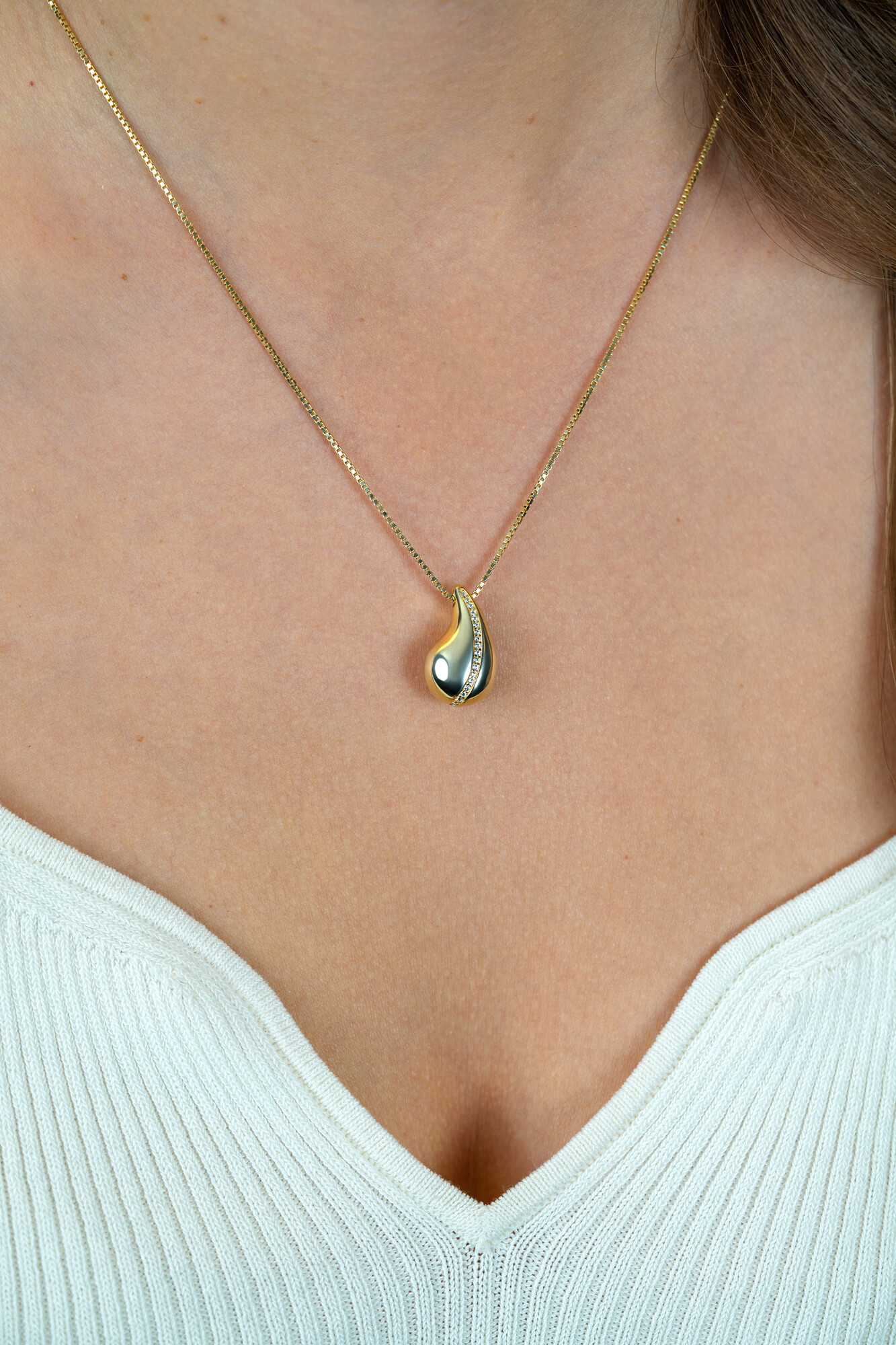 ZINZI gold plated zilveren venetiaanse ketting 45-48cm met druppelvormige hanger 20mm, golvende rij witte zirkonia's ZIC2707Y