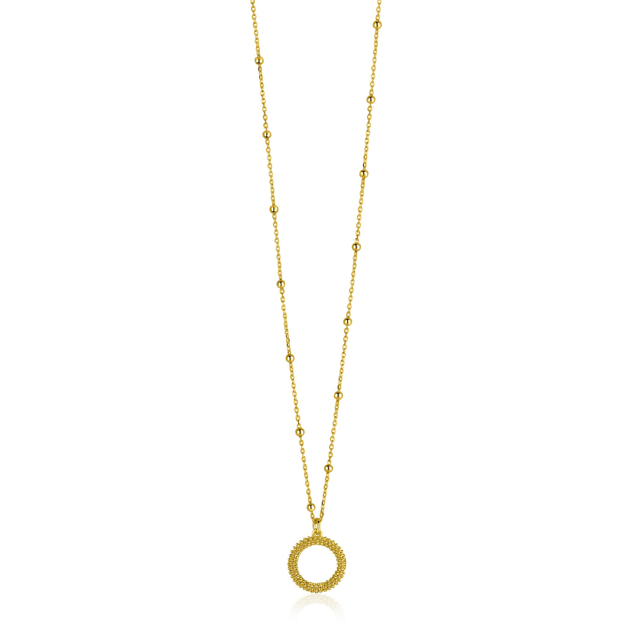 ZINZI gold plated zilveren ketting met kleine bolletjes en ronde hanger (12mm) met bolstructuur 42-45cm ZIC2704G
