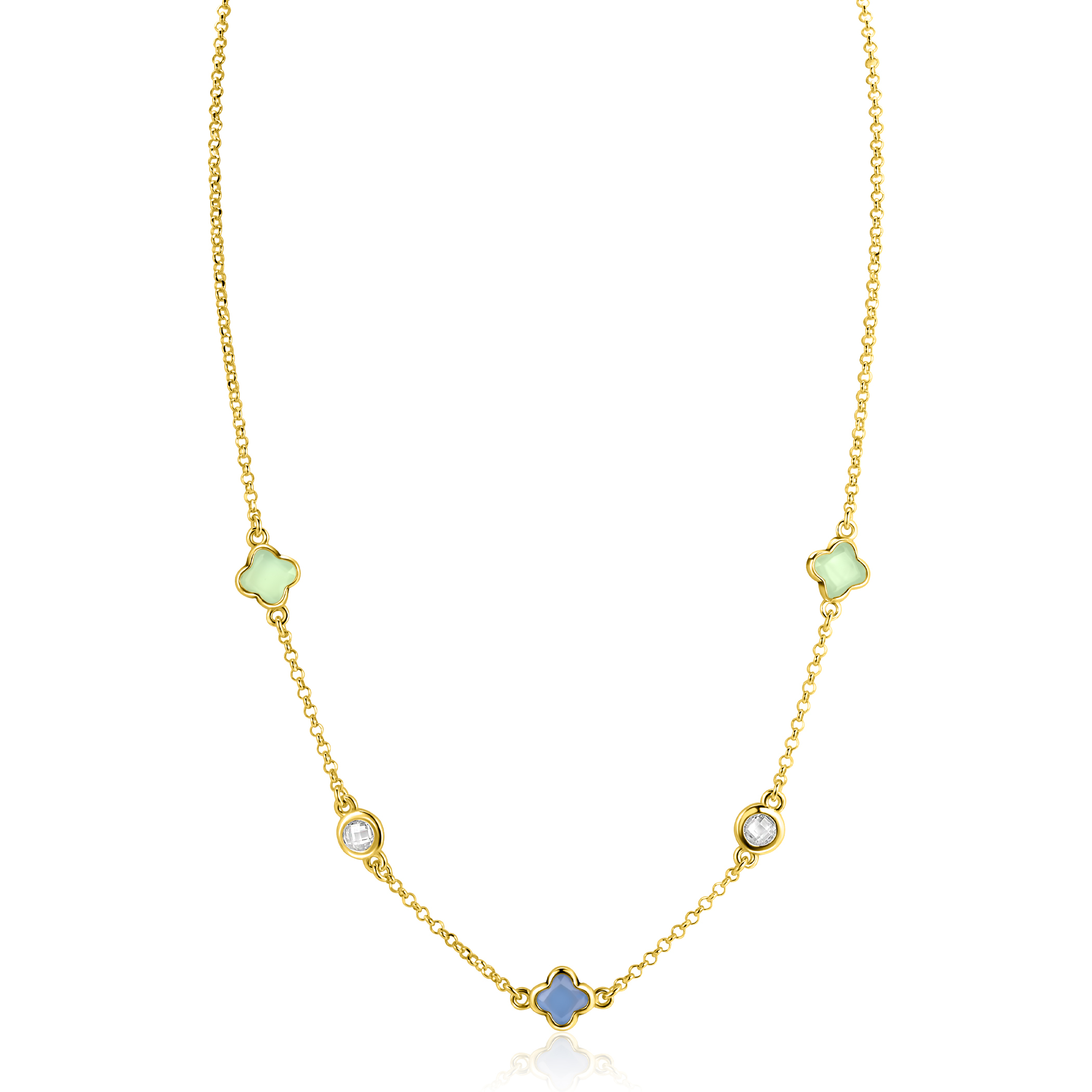 ZINZI gold plated zilveren schakelketting met twee mintgroene klavers en een blauwe klaver 40-45cm ZIC2763