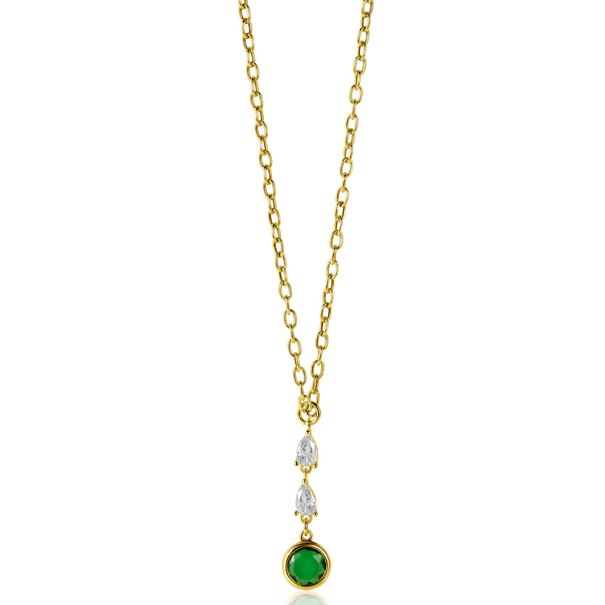 ZINZI gold plated zilveren schakelketting met hanger (31mm) bezet met twee peervormige witte zirconia's en een ronde groene kleursteen 40-45cm ZIC-BF69G