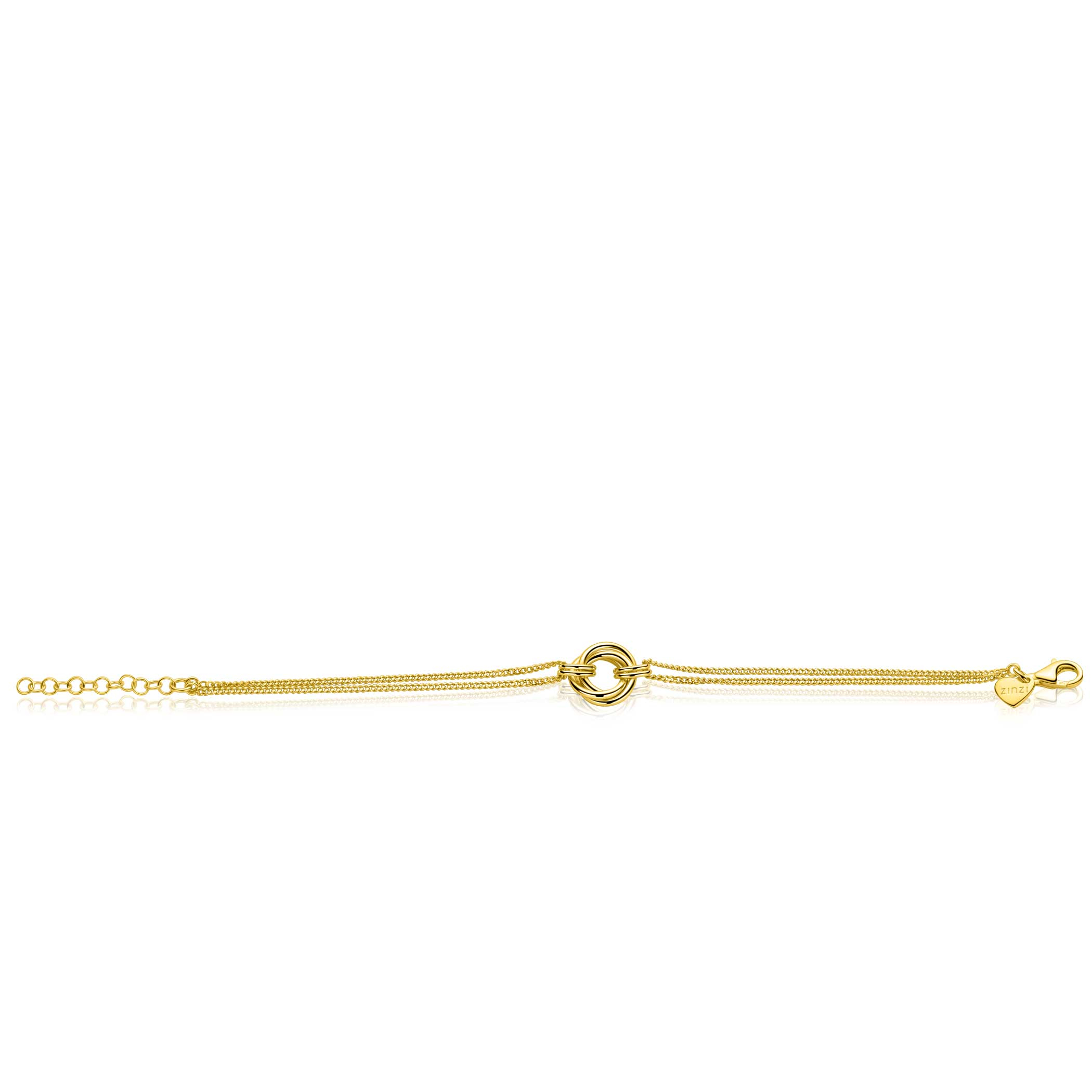 ZINZI gold plated zilveren armband met dubbele gourmet schakel en drie verbonden ringen ZIA2797