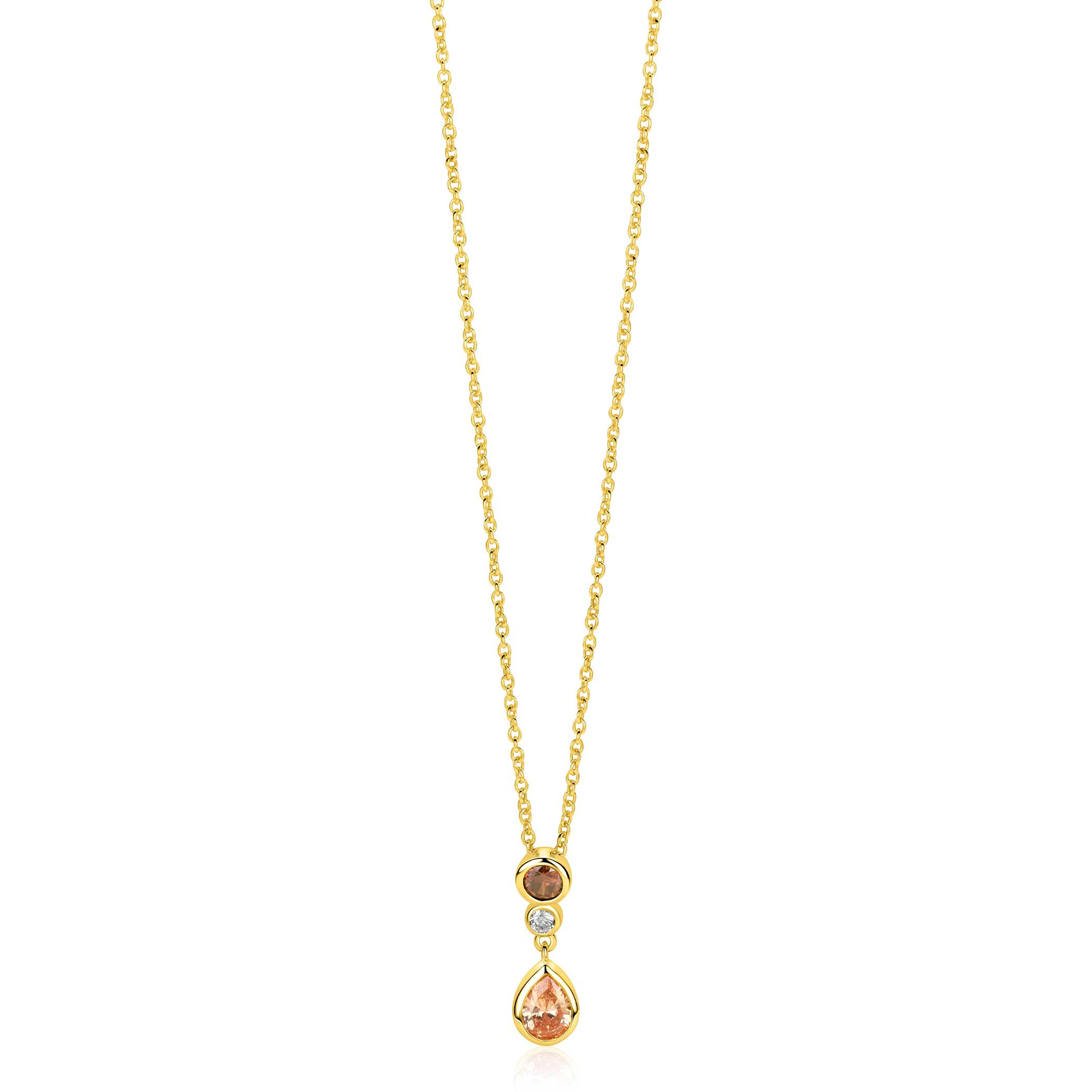 ZINZI gold plated zilveren collier 45cm met kleurrijke hanger (20mm) een speelse combinatie van vormen en kleuren champagne, bruin en wit ZIC2900