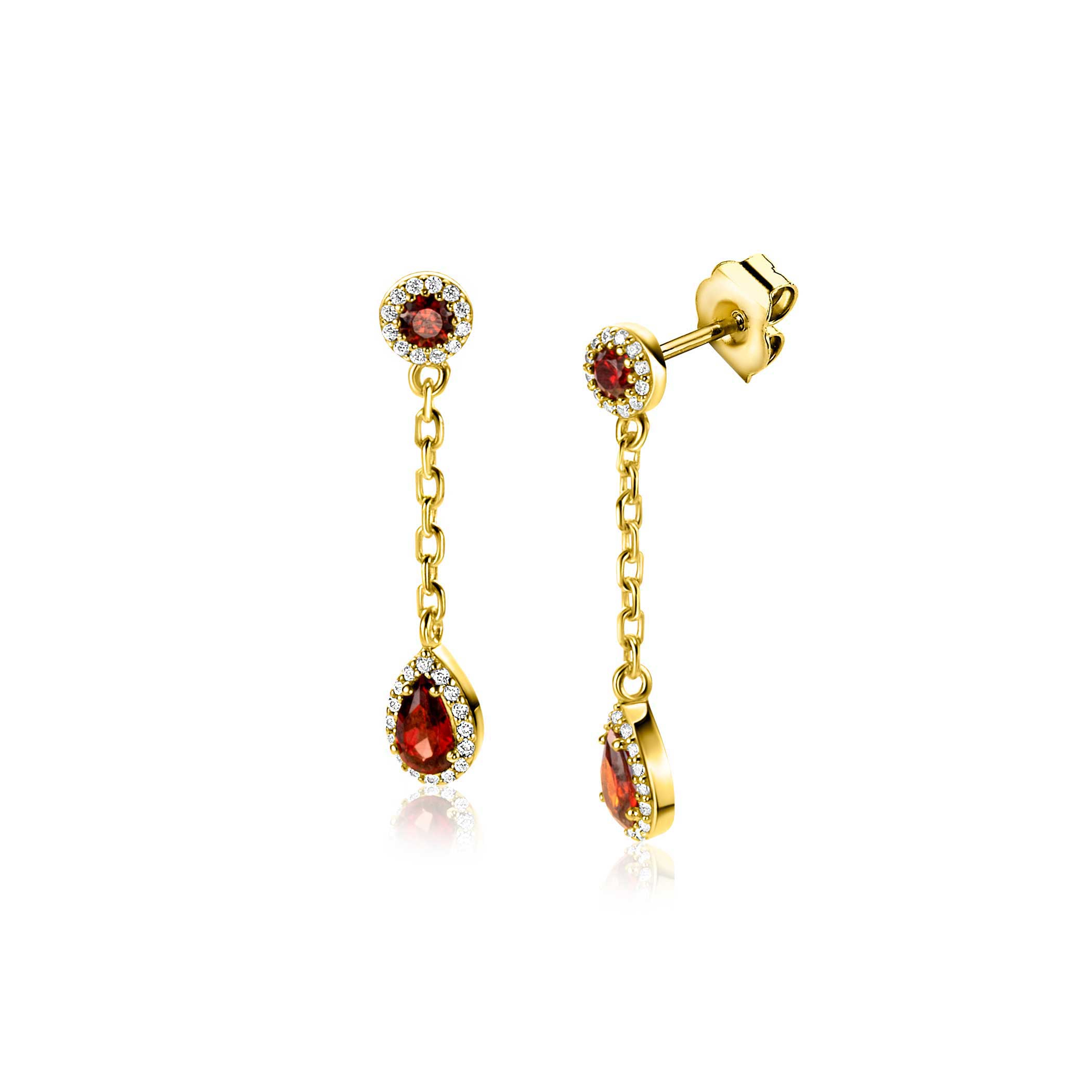 25mm ZINZI gold plated zilveren oorstekers met schakelkettinkje en druppelvormige rood granaat kleursteen en witte zirconia's ZIO2560