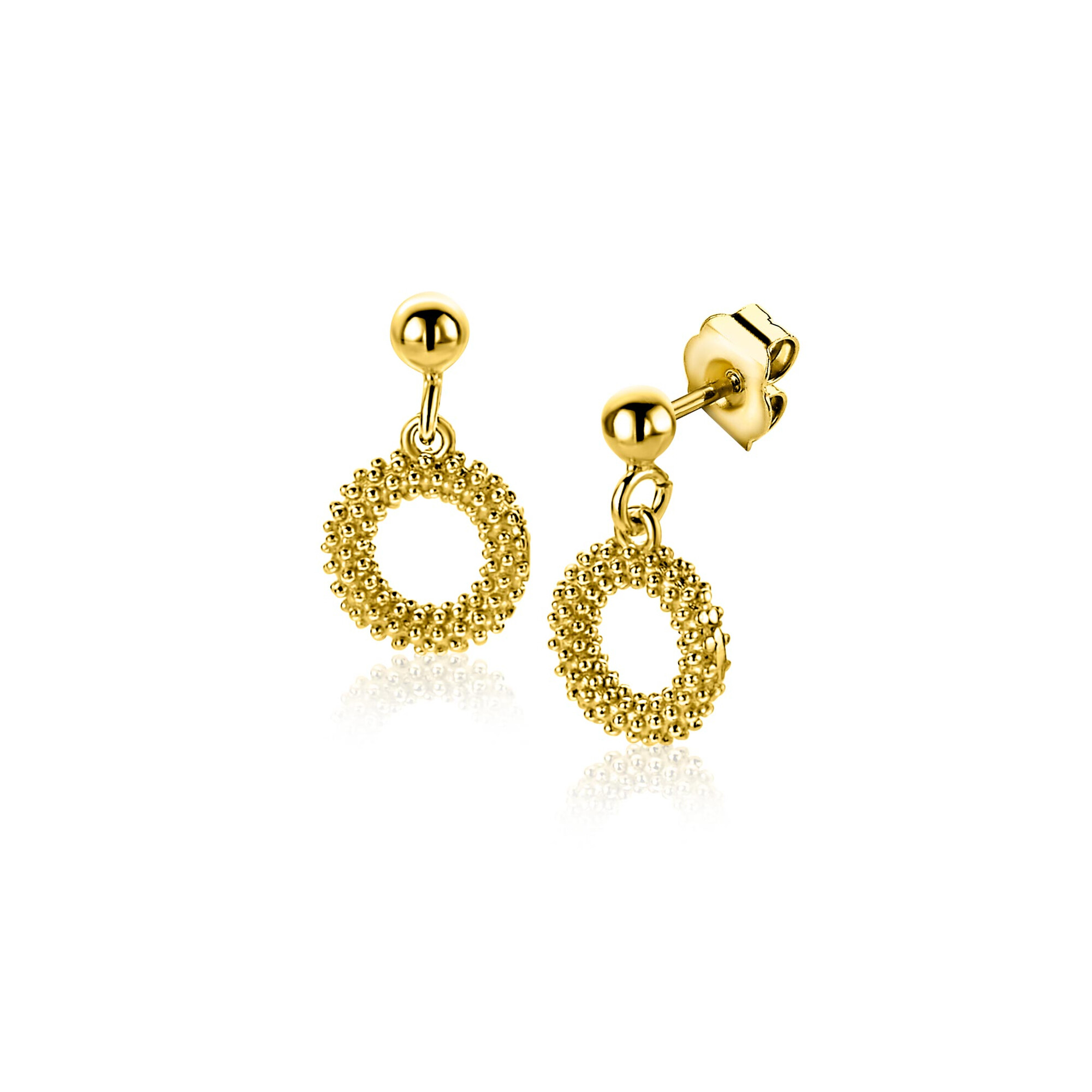 14mm ZINZI gold plated zilveren oorstekers met open rondje van 8,5mm voorzien van een bolstructuur ZIO2704G