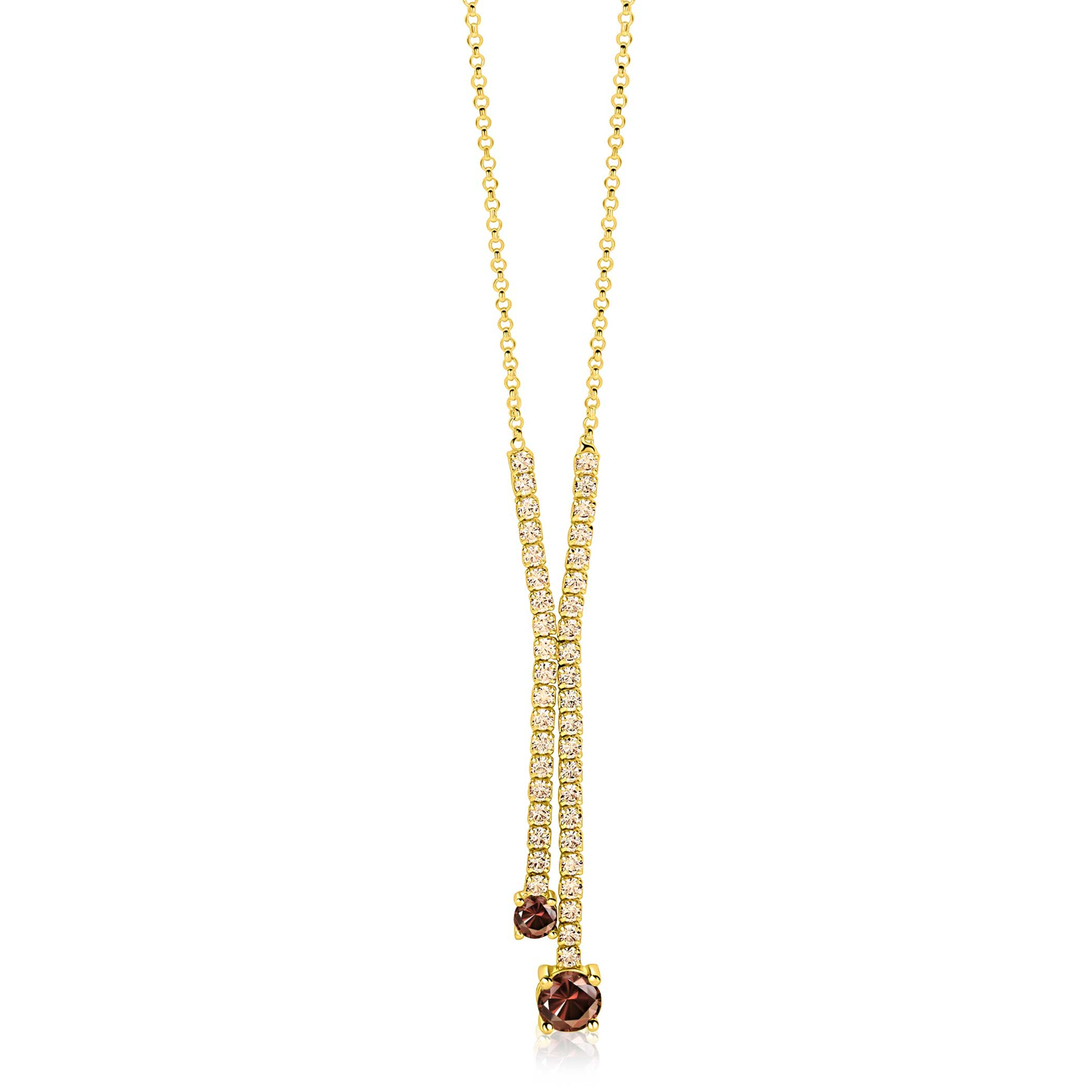 ZINZI gold plated zilveren Y-collier 45cm met luxe tennislook en champagnekleurige zirkonia's in rijzetting met twee grotere donkerbruine kleurstenen ZIC2894C