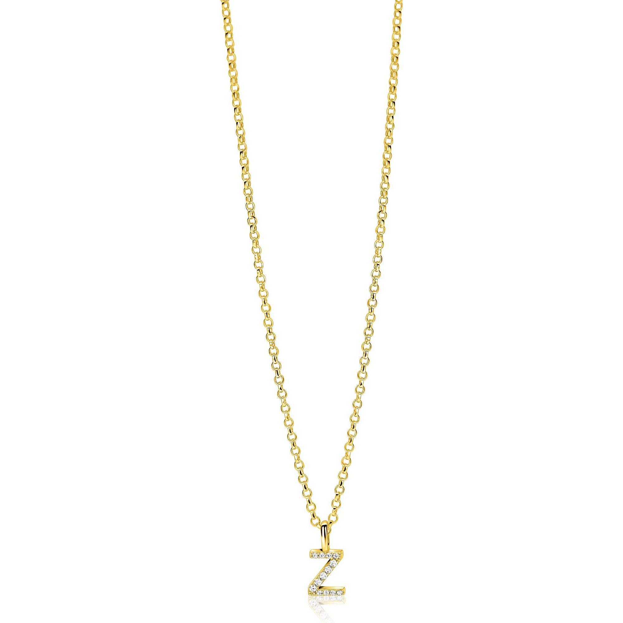 ZINZI gold plated zilveren letter hanger Z bezet met witte zirkonia's ZIH2828-Z (zonder ketting)