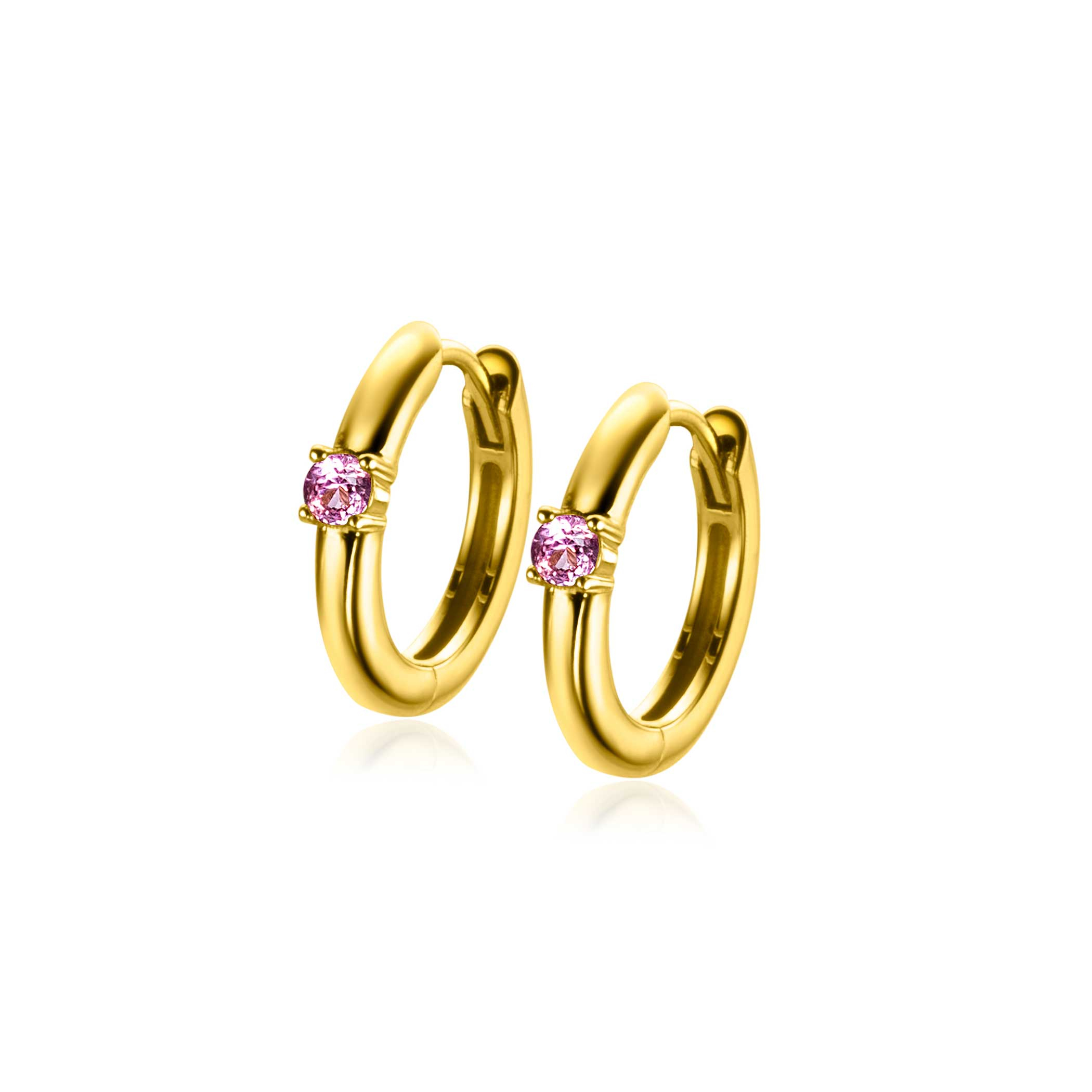 OKTOBER oorringen 13mm gold plated met geboortesteen roze rozenkwarts zirconia 
