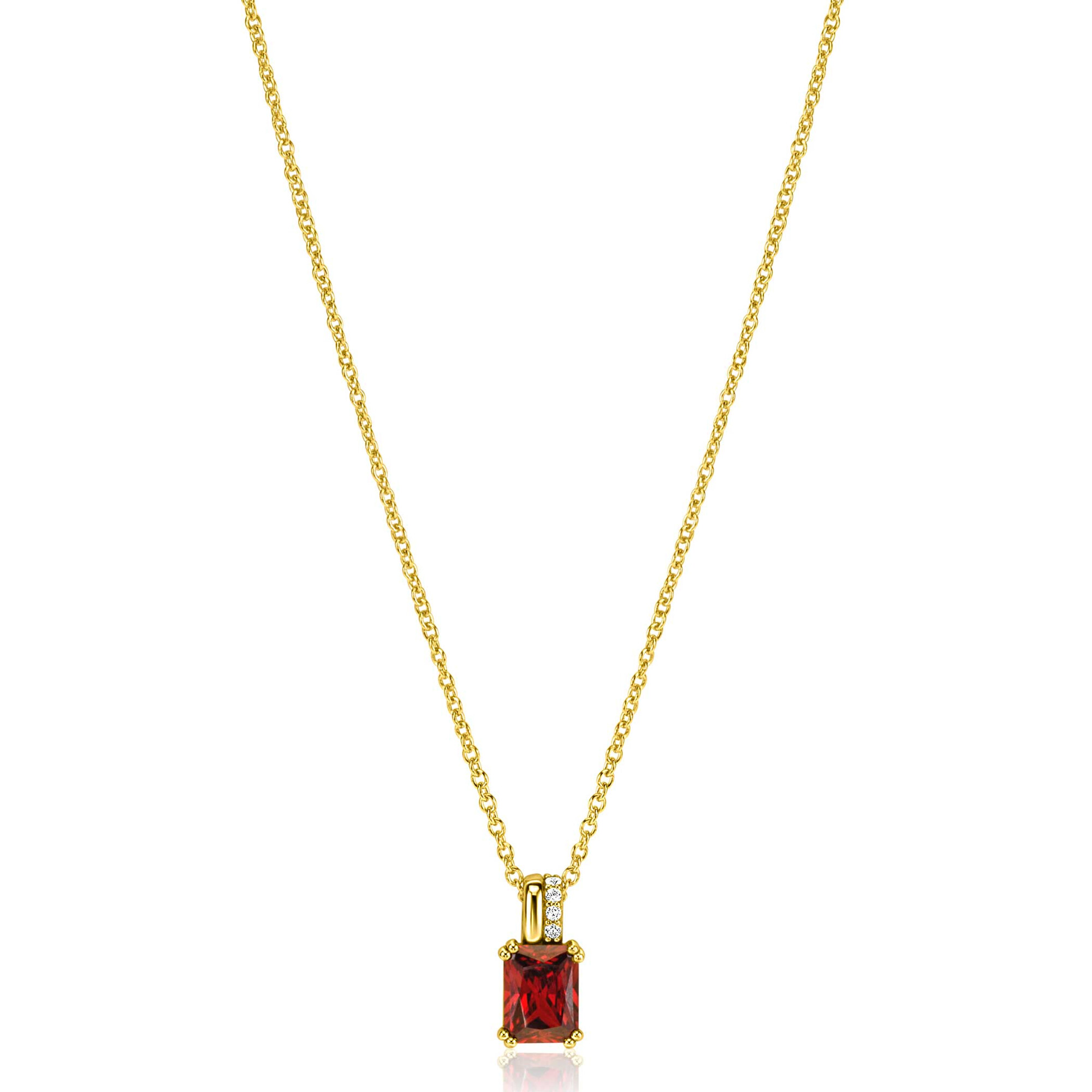 14mm ZINZI gold plated zilveren hanger met rechthoekige rood granaat kleursteen en luxe hangoog ZIH2392R (zonder collier)
