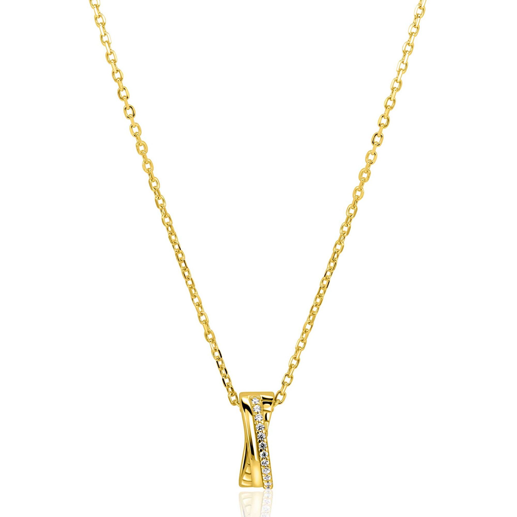 ZINZI gold plated zilveren ketting 45cm met luxe cross-over hanger (16mm) bezet met witte zirkonia's ZIC2801