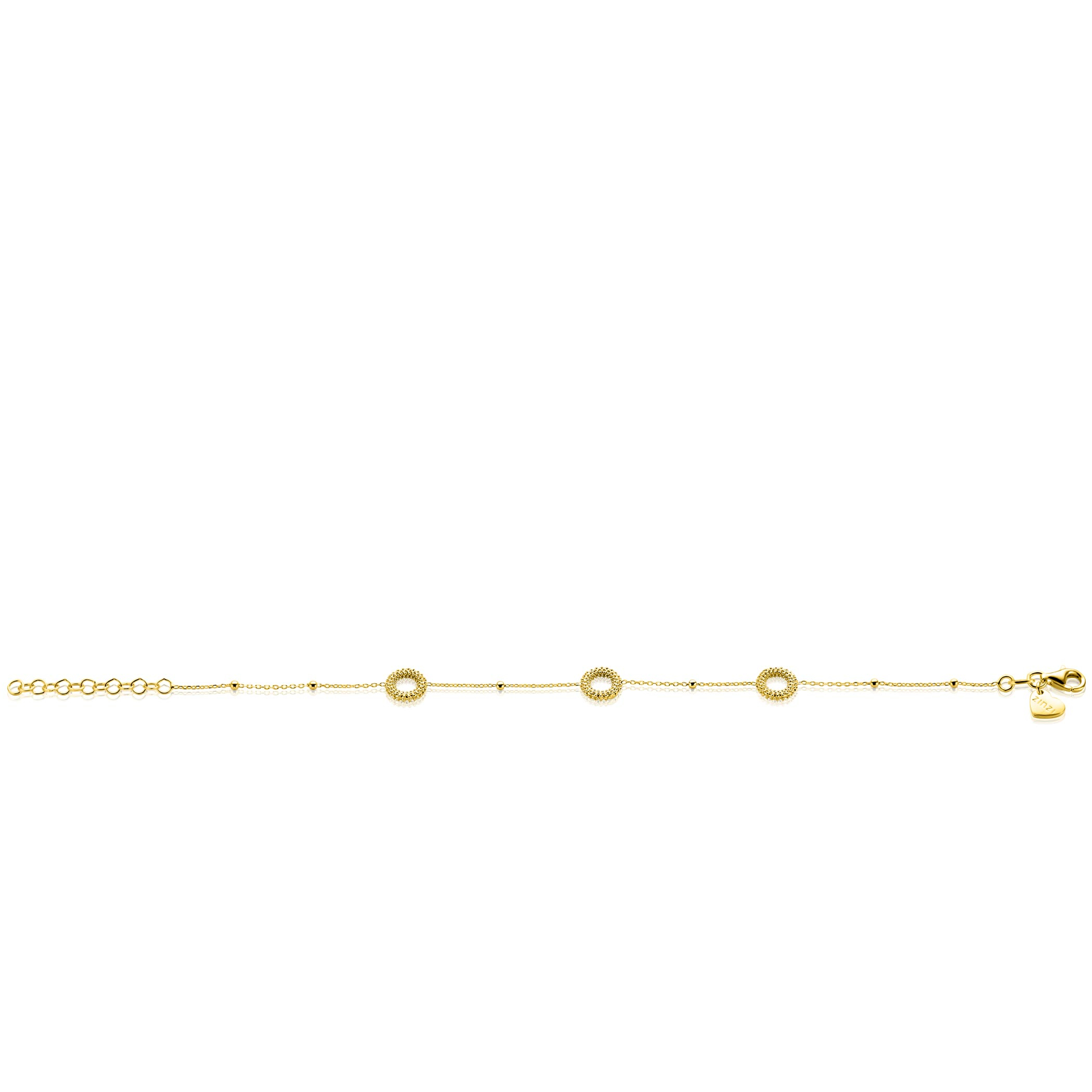 ZINZI gold plated zilveren armband met drie open rondjes (8,5mm) voorzien van een bolstructuur 17-20cm ZIA2704G