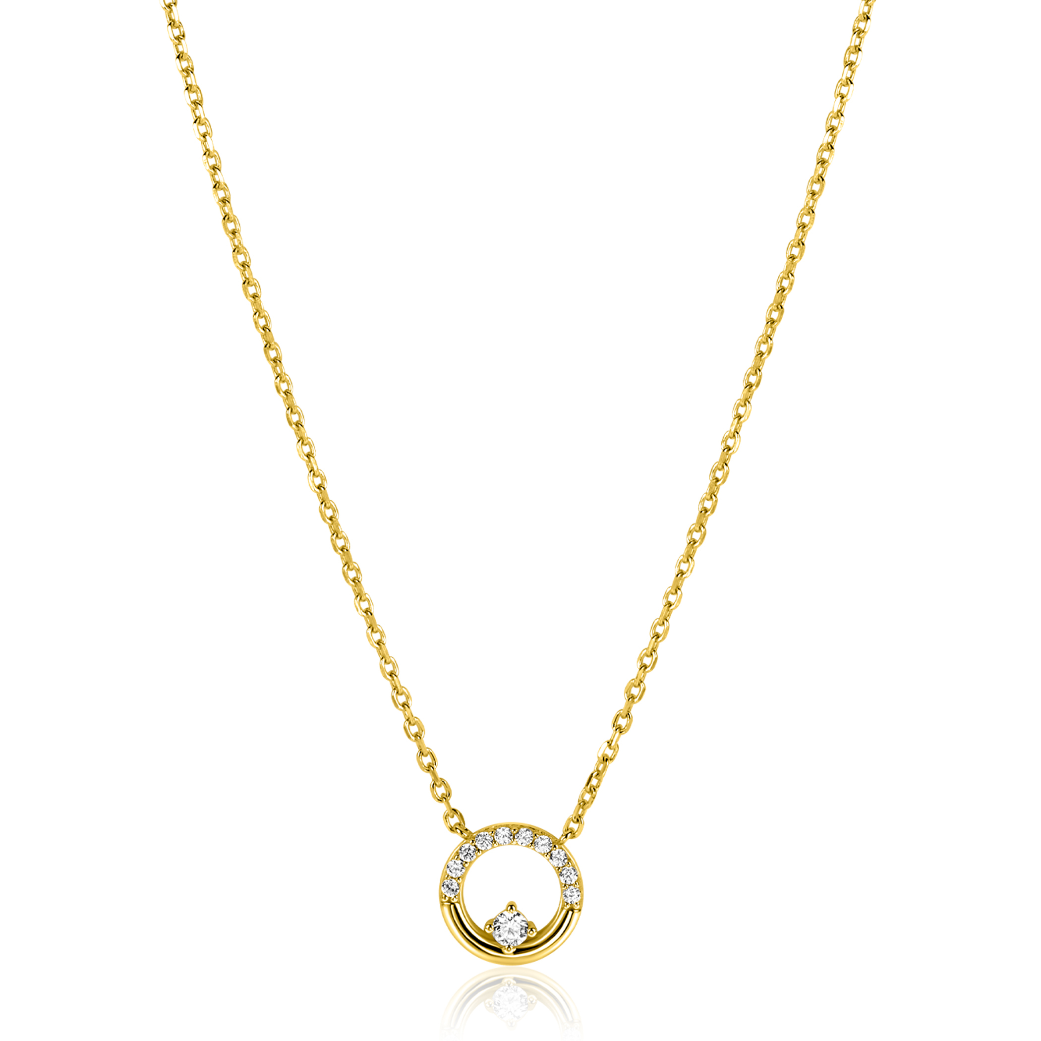 ZINZI gold plated zilveren ketting 42–45cm met ronde open hanger (12mm) en bezet met witte zirkonia's ZIC2725Y